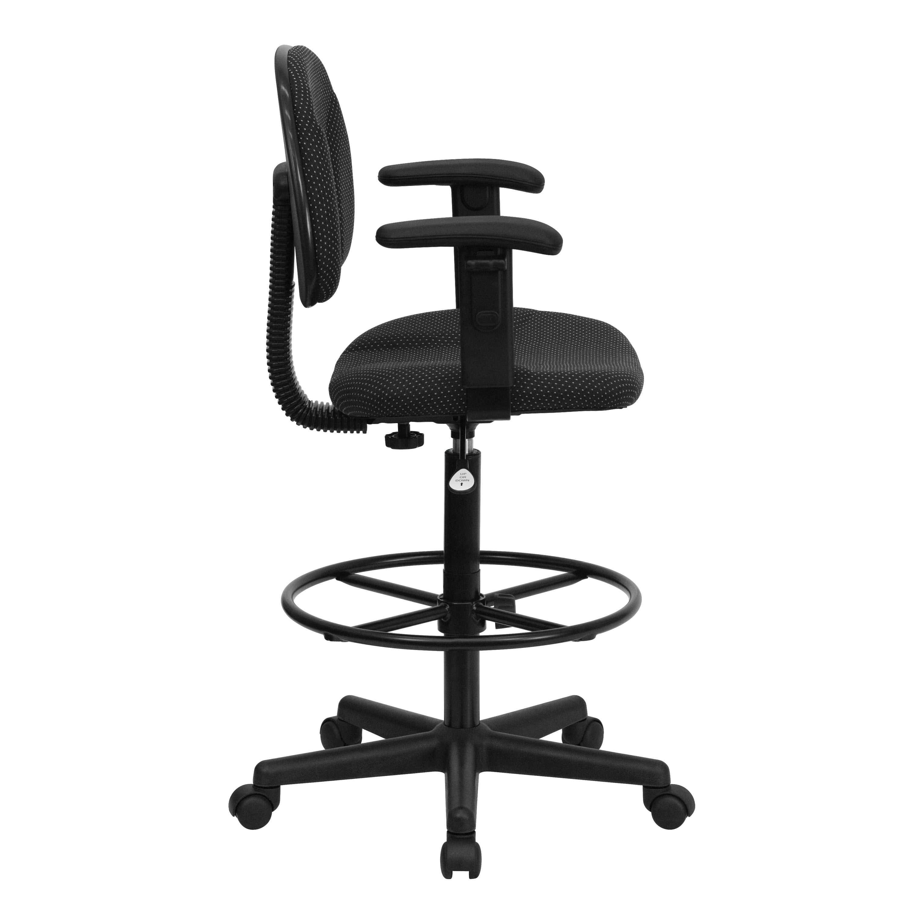 Bruce Black Patterned Fabric Drafting Chair with Adjustable Arms (Cylinders: 22.5''-27''H or 26''-30.5''H)