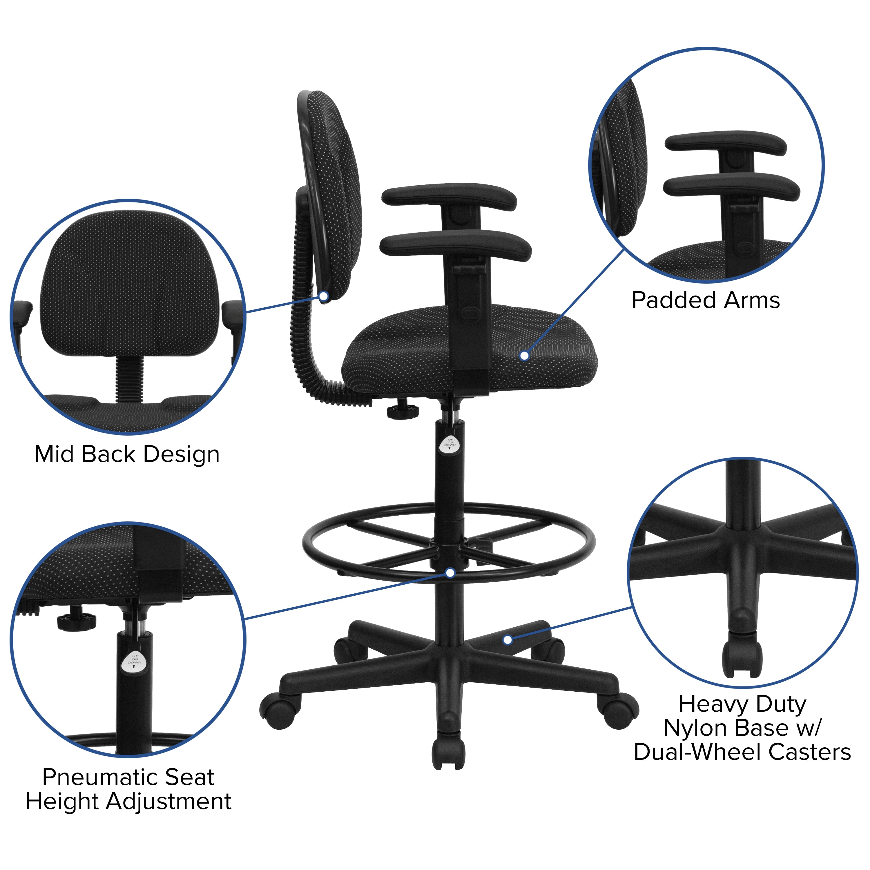 Bruce Black Patterned Fabric Drafting Chair with Adjustable Arms (Cylinders: 22.5''-27''H or 26''-30.5''H)