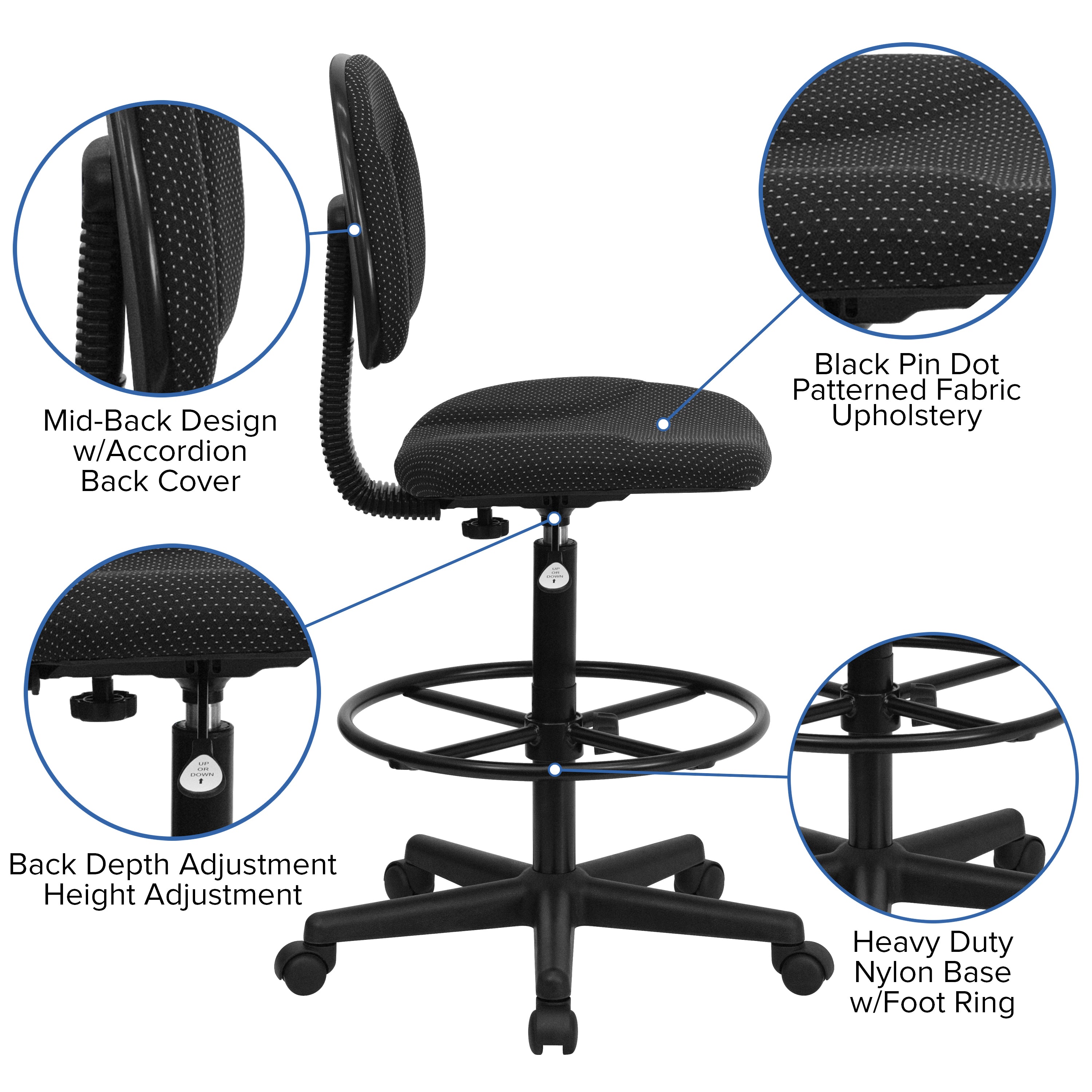 Bruce Black Patterned Fabric Drafting Chair (Cylinders: 22.5''-27''H or 26''-30.5''H)