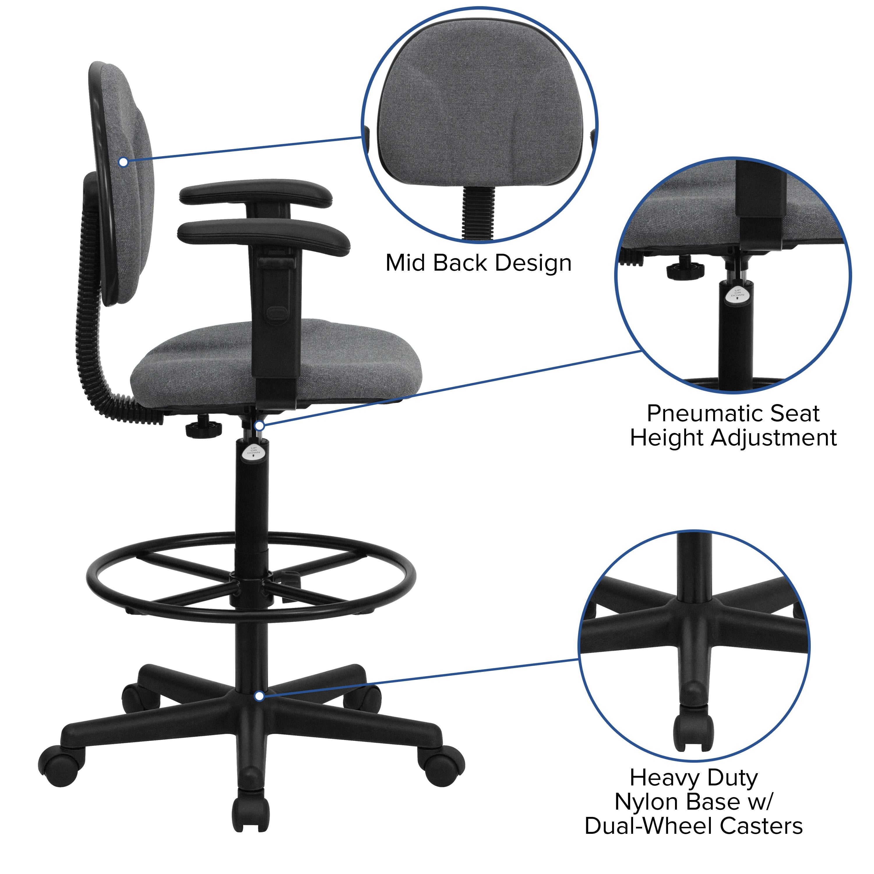 Bruce Gray Fabric Drafting Chair with Adjustable Arms (Cylinders: 22.5''-27''H or 26''-30.5''H)