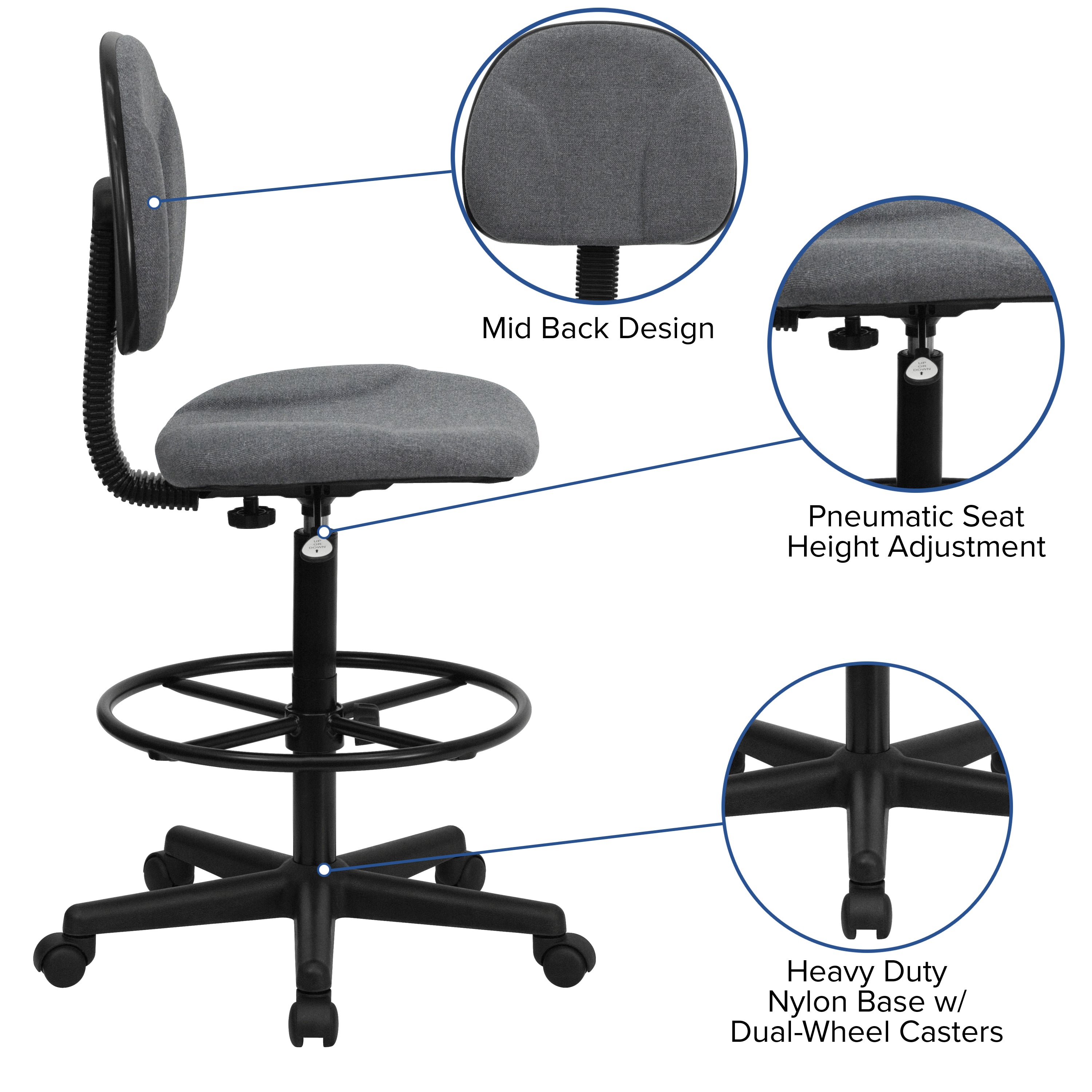 Bruce Gray Fabric Drafting Chair (Cylinders: 22.5''-27''H or 26''-30.5''H)