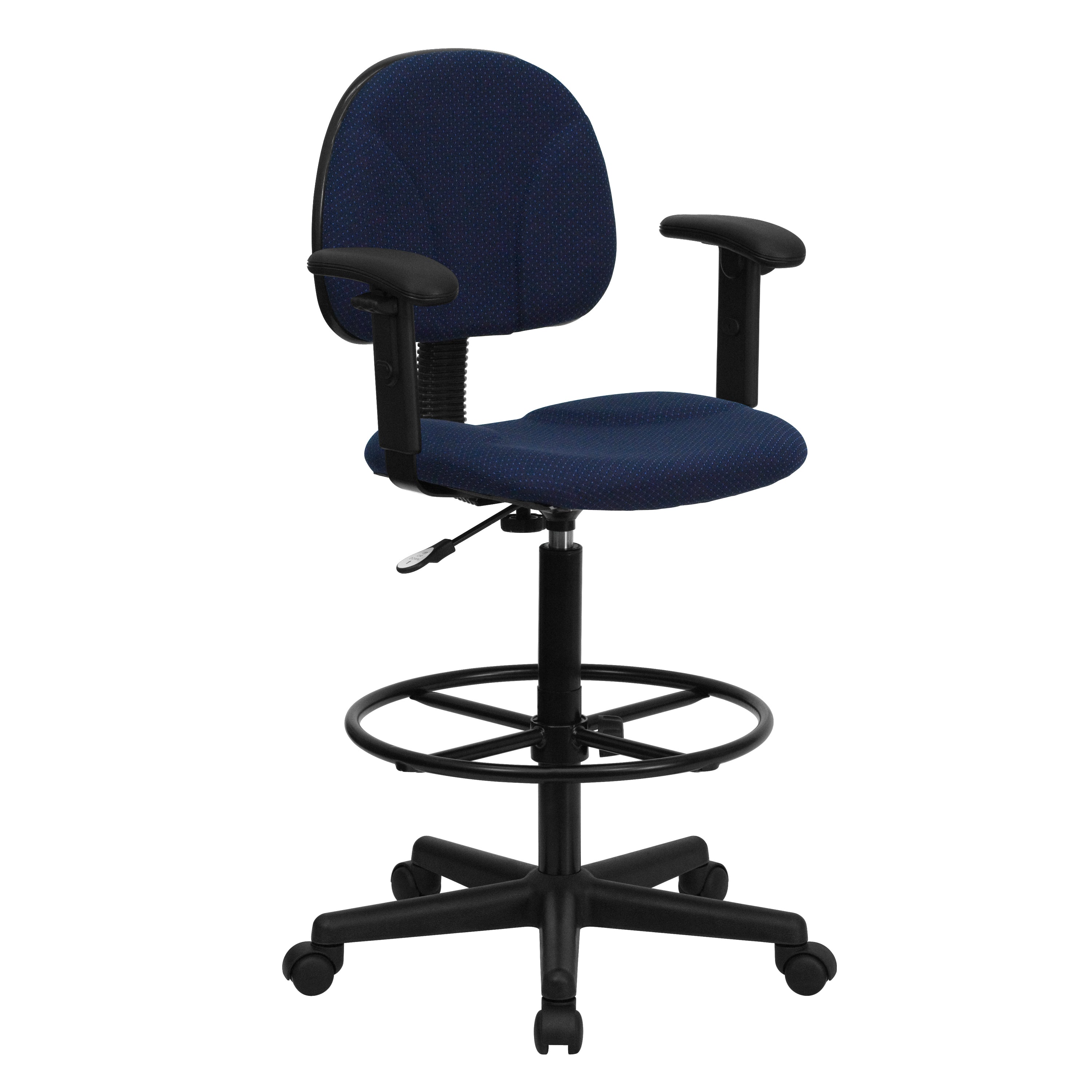 Bruce Navy Blue Patterned Fabric Drafting Chair with Adjustable Arms (Cylinders: 22.5''-27''H or 26''-30.5''H)