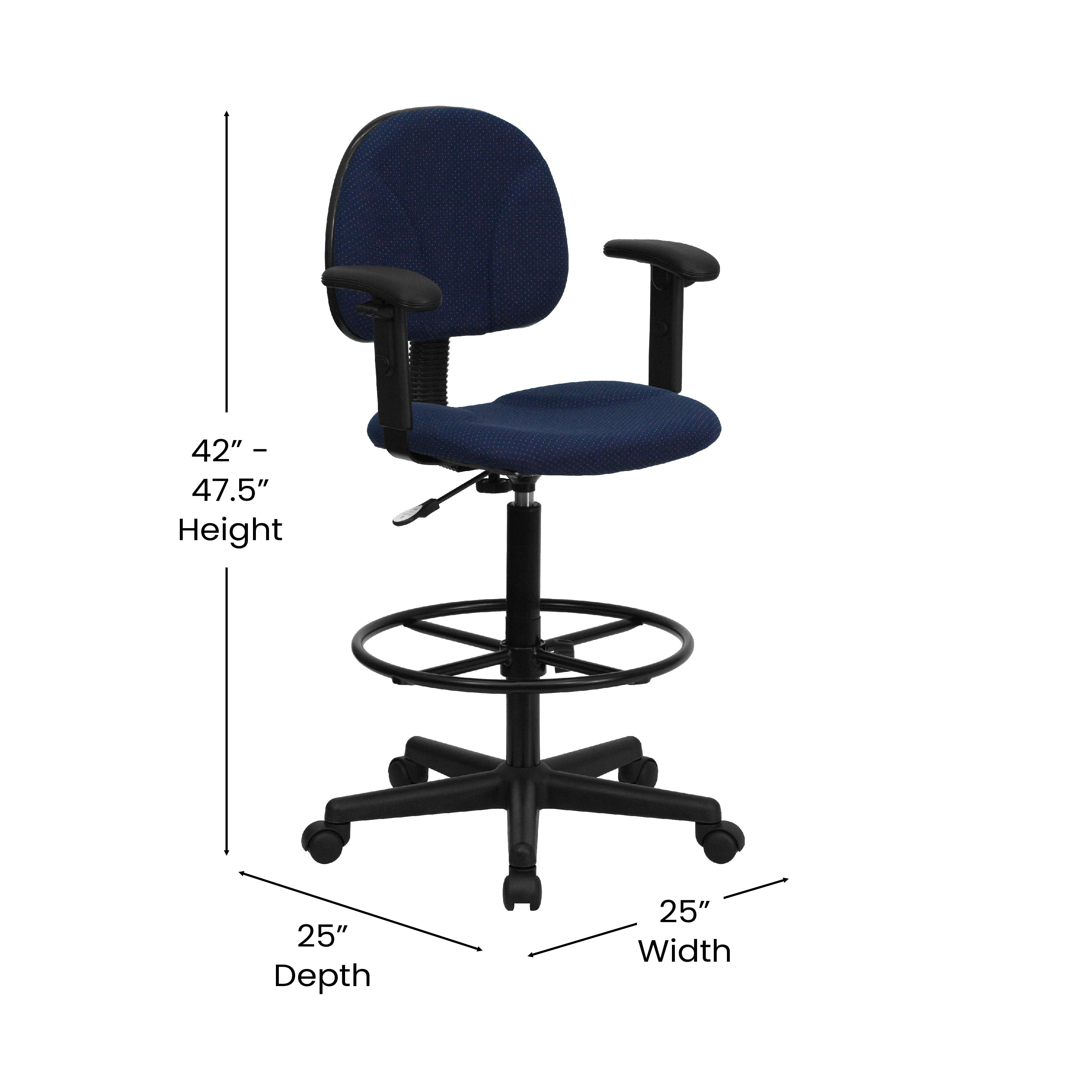Bruce Navy Blue Patterned Fabric Drafting Chair with Adjustable Arms (Cylinders: 22.5''-27''H or 26''-30.5''H)