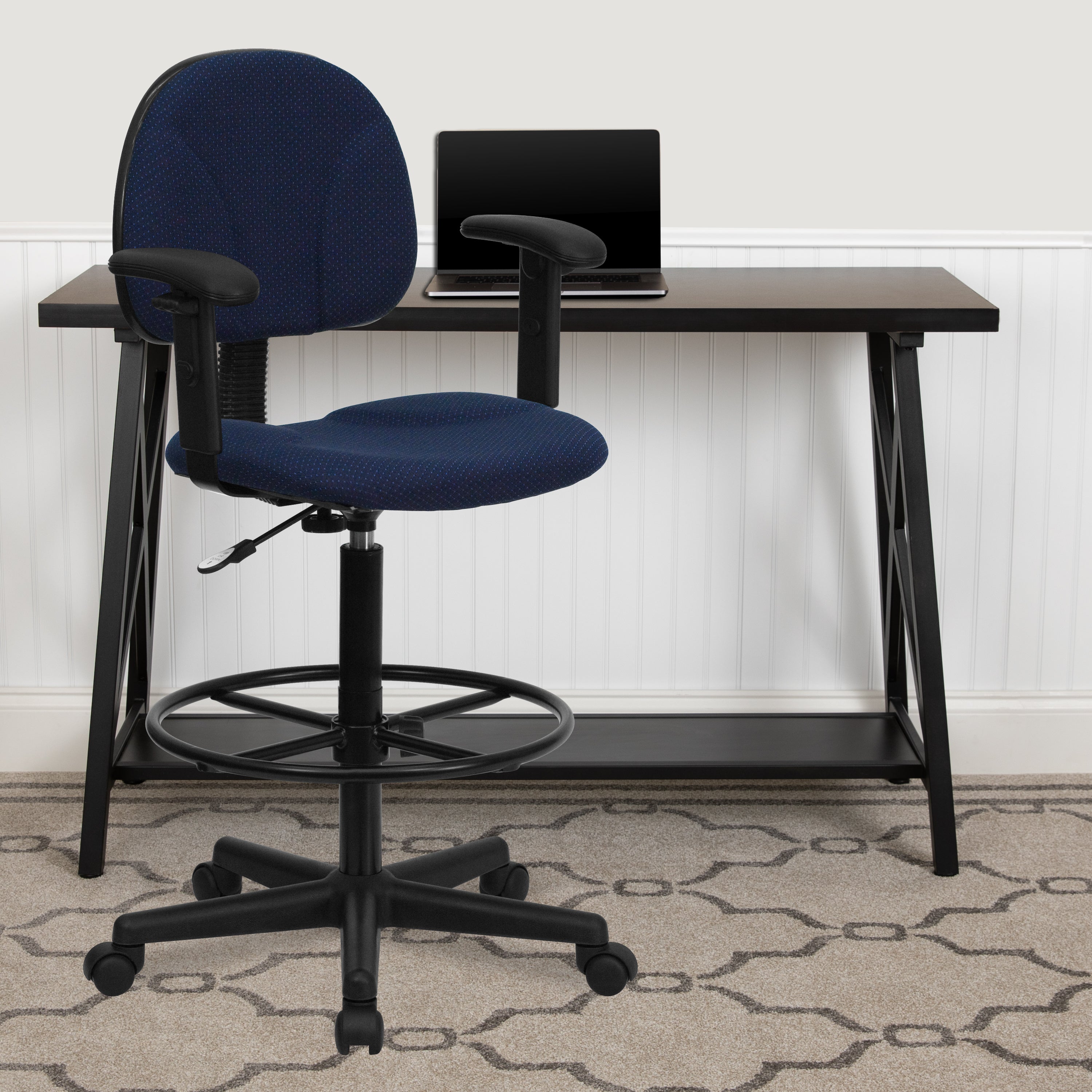 Bruce Navy Blue Patterned Fabric Drafting Chair with Adjustable Arms (Cylinders: 22.5''-27''H or 26''-30.5''H)