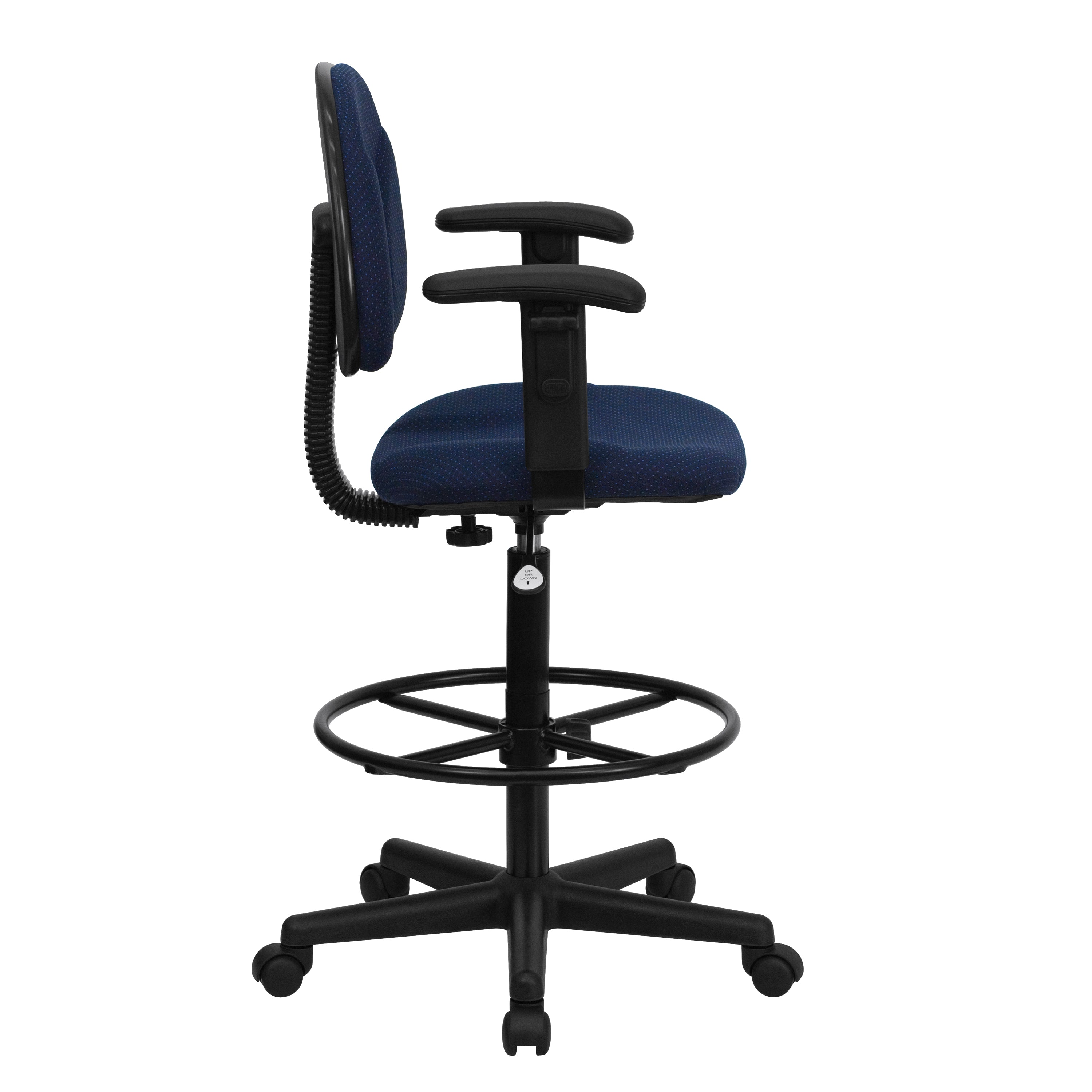 Bruce Navy Blue Patterned Fabric Drafting Chair with Adjustable Arms (Cylinders: 22.5''-27''H or 26''-30.5''H)