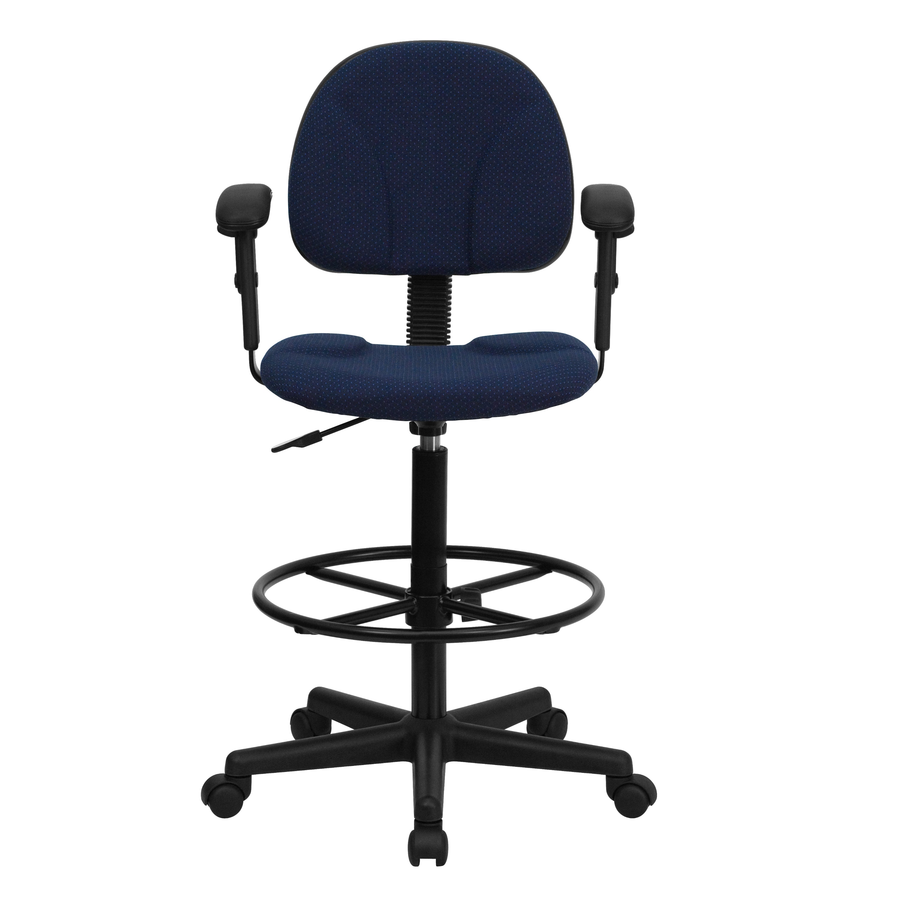Bruce Navy Blue Patterned Fabric Drafting Chair with Adjustable Arms (Cylinders: 22.5''-27''H or 26''-30.5''H)