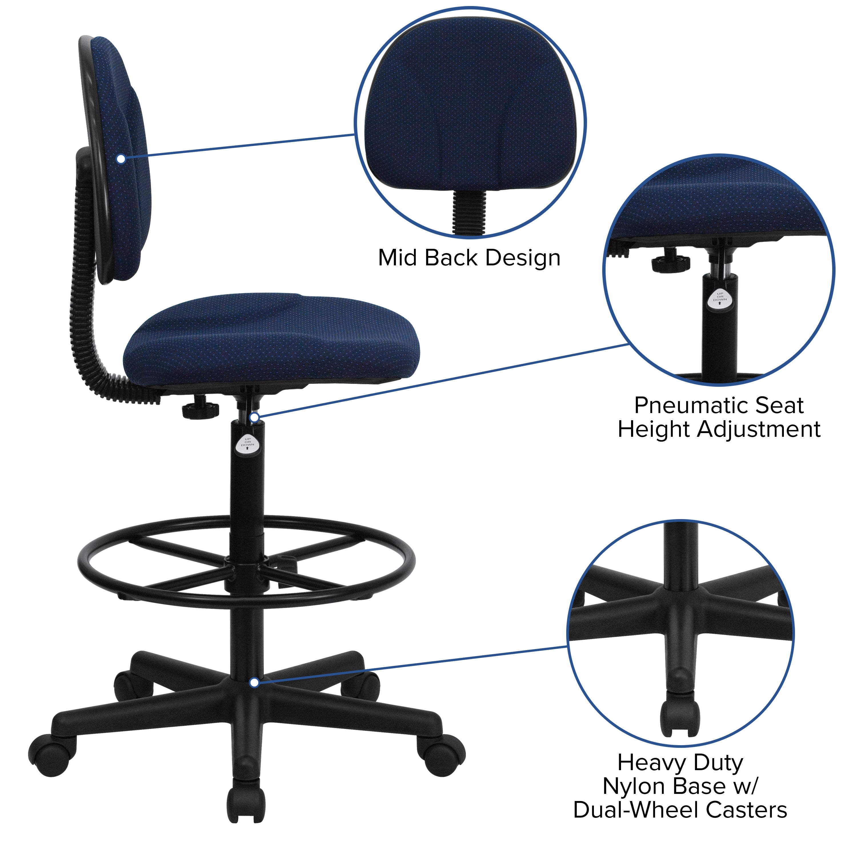 Bruce Navy Blue Patterned Fabric Drafting Chair (Cylinders: 22.5''-27''H or 26''-30.5''H)