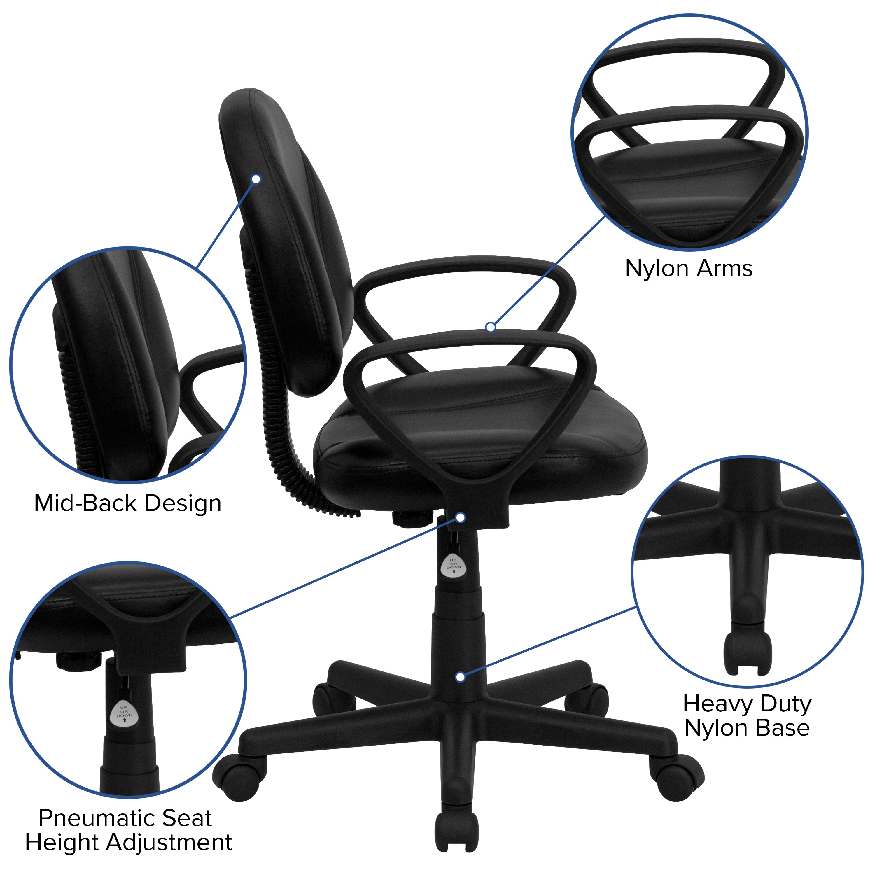 Ronald Mid-Back Black LeatherSoft Swivel Ergonomic Task Office Chair with Back Depth Adjustment and Arms