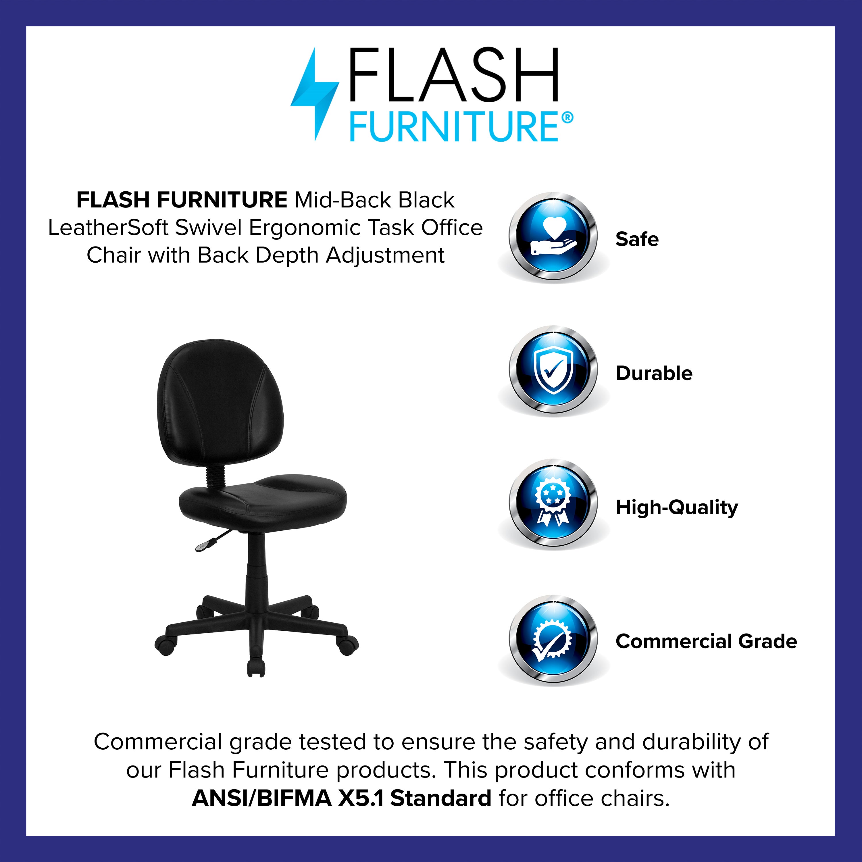 Ronald Mid-Back Black LeatherSoft Swivel Ergonomic Task Office Chair with Back Depth Adjustment