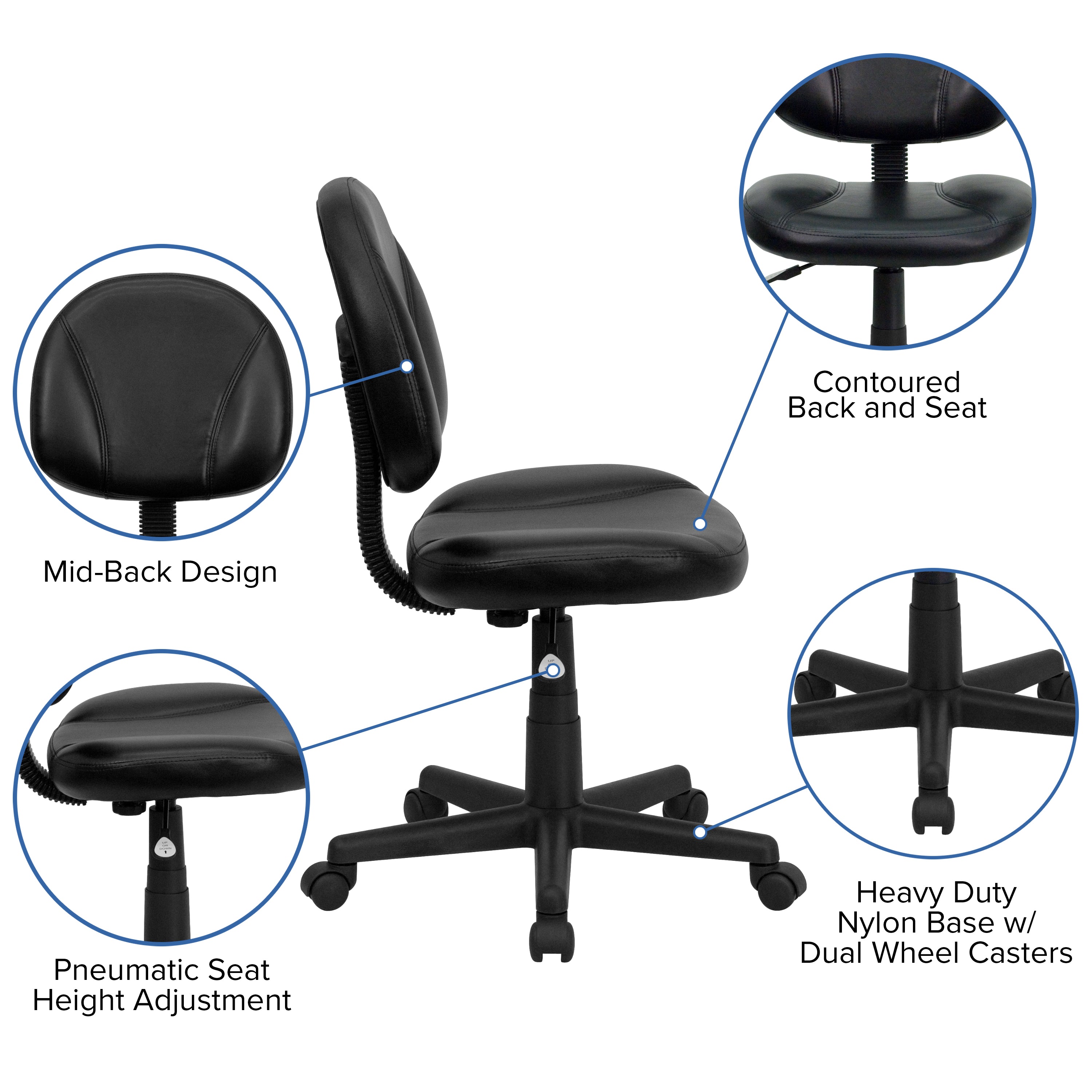 Ronald Mid-Back Black LeatherSoft Swivel Ergonomic Task Office Chair with Back Depth Adjustment
