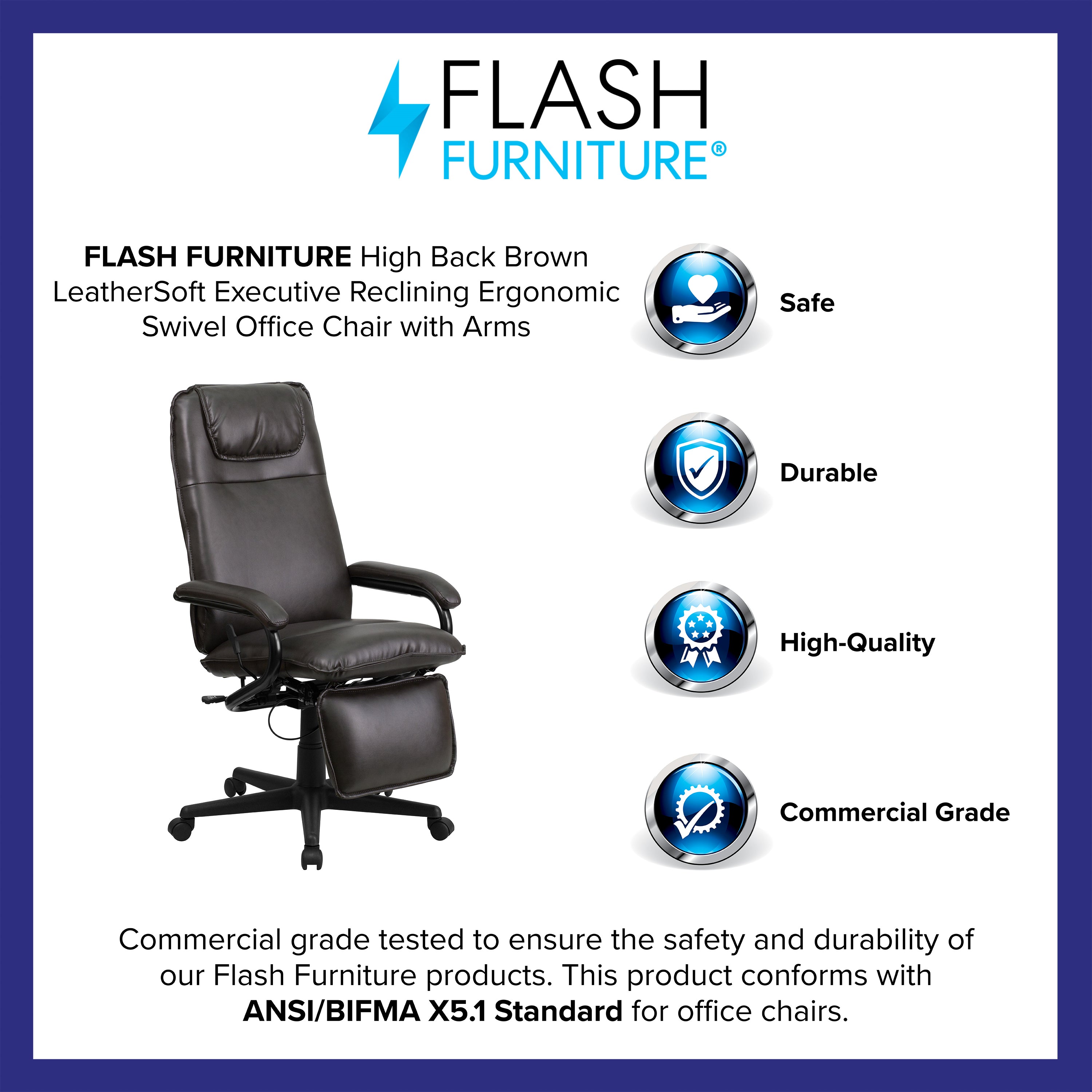 Robert High Back Brown LeatherSoft Executive Reclining Ergonomic Swivel Office Chair with Arms