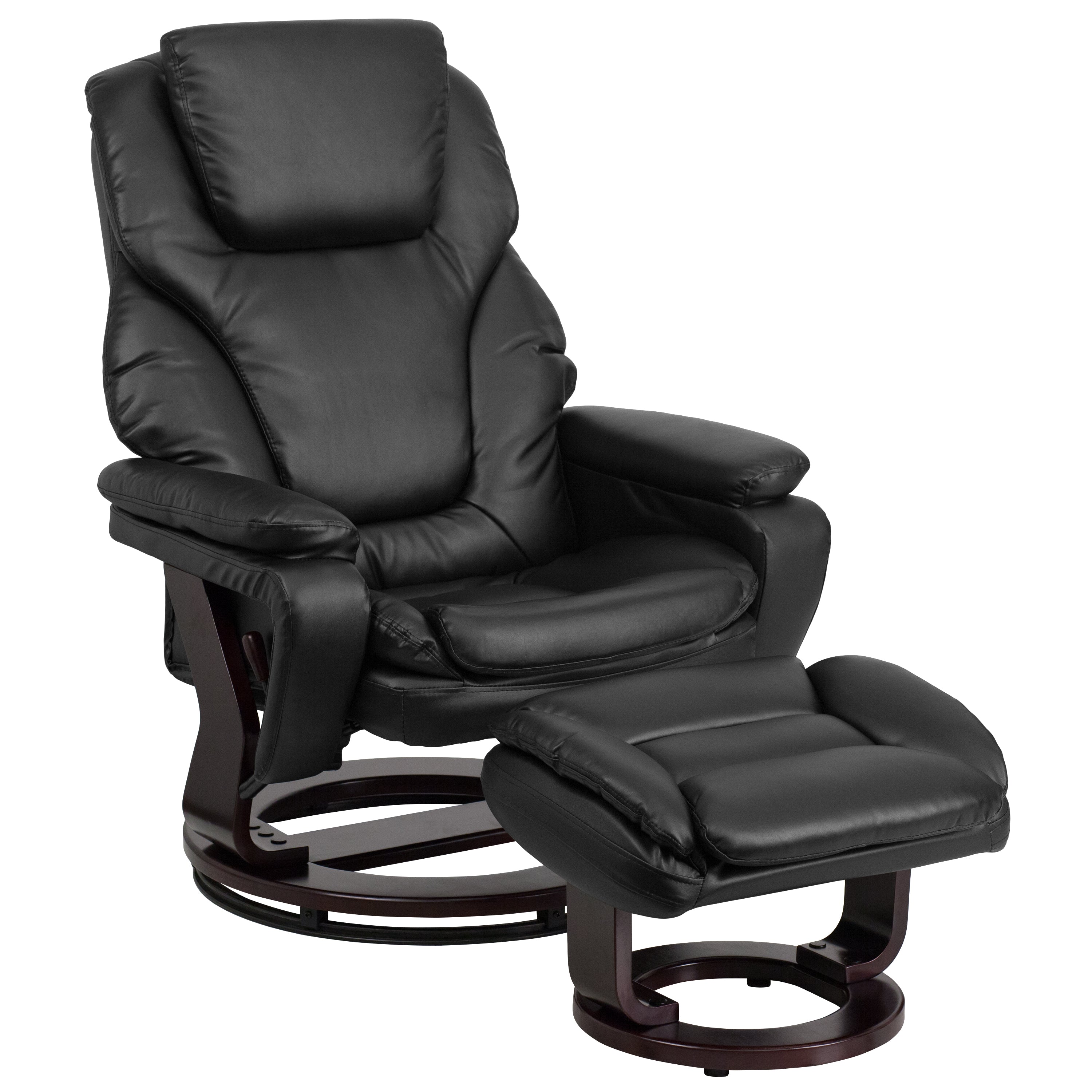 Austin Contemporary Multi-Position Recliner and Ottoman with Swivel Mahogany Wood Base in Black LeatherSoft
