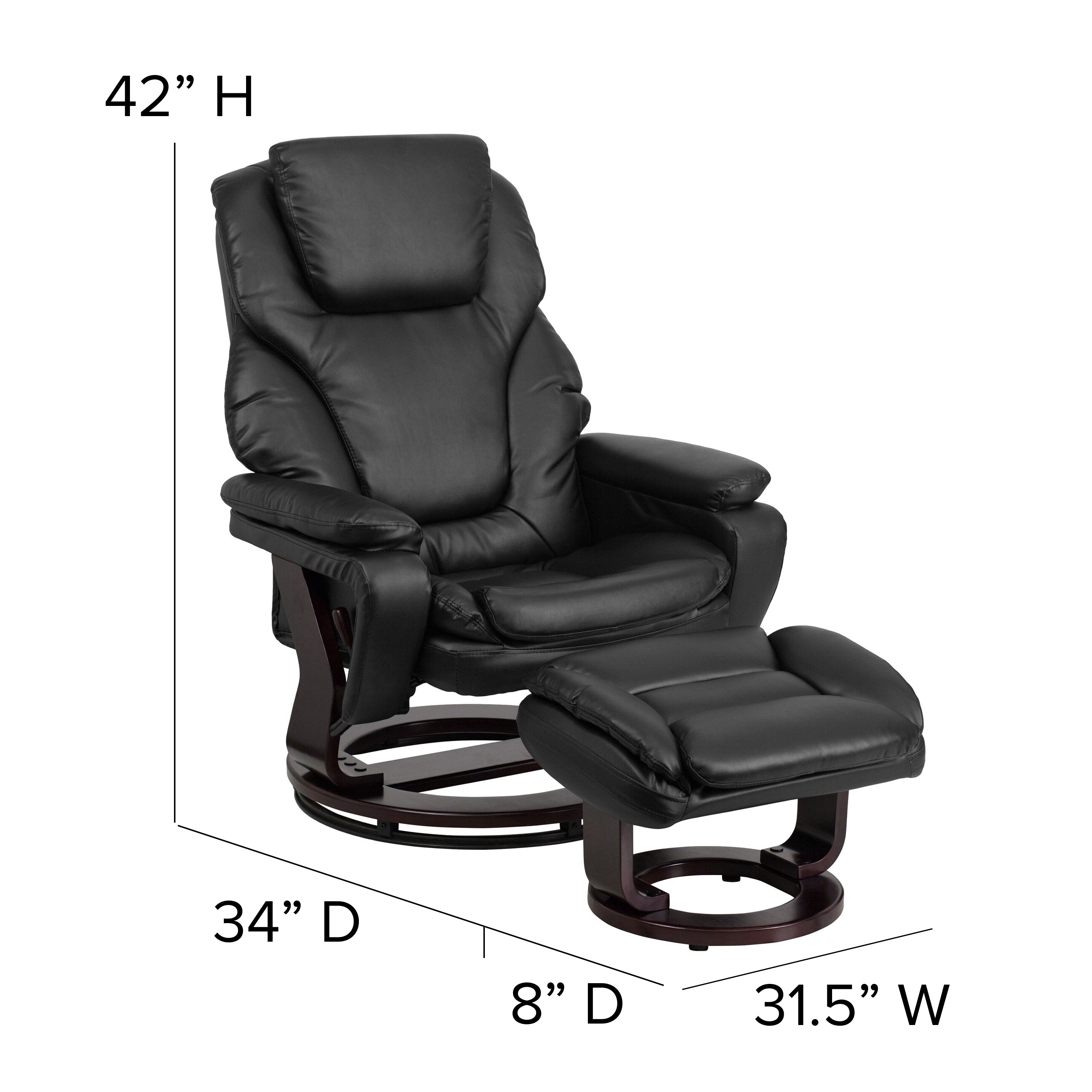 Austin Contemporary Multi-Position Recliner and Ottoman with Swivel Mahogany Wood Base in Black LeatherSoft