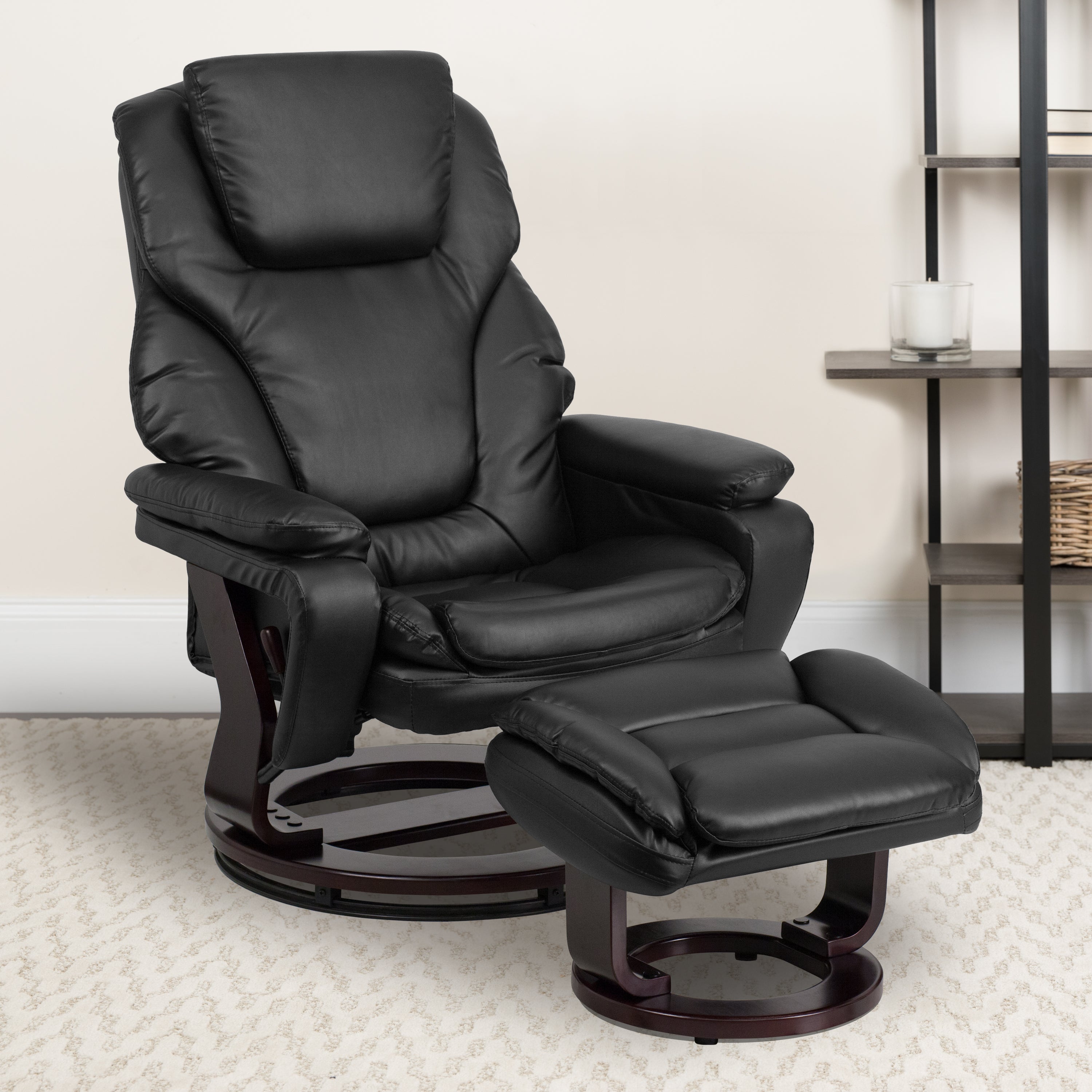 Austin Contemporary Multi-Position Recliner and Ottoman with Swivel Mahogany Wood Base in Black LeatherSoft