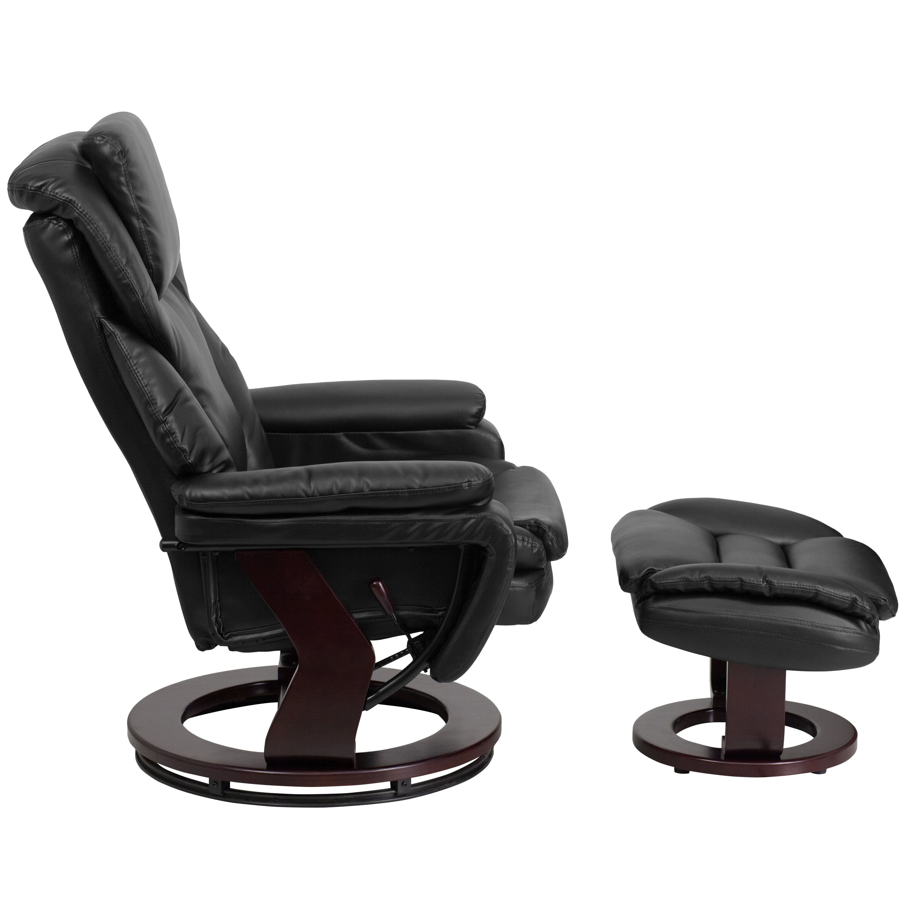 Austin Contemporary Multi-Position Recliner and Ottoman with Swivel Mahogany Wood Base in Black LeatherSoft