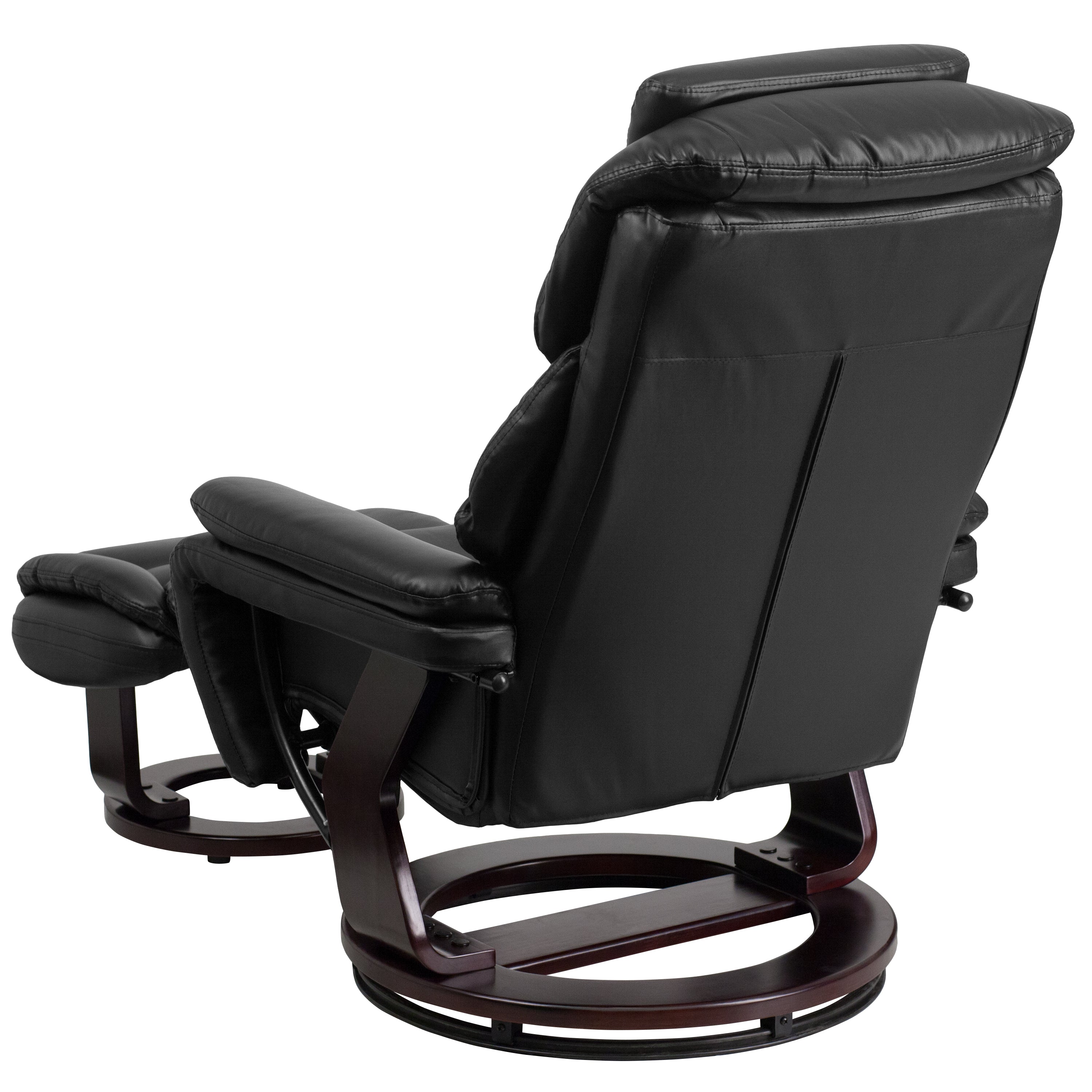 Austin Contemporary Multi-Position Recliner and Ottoman with Swivel Mahogany Wood Base in Black LeatherSoft