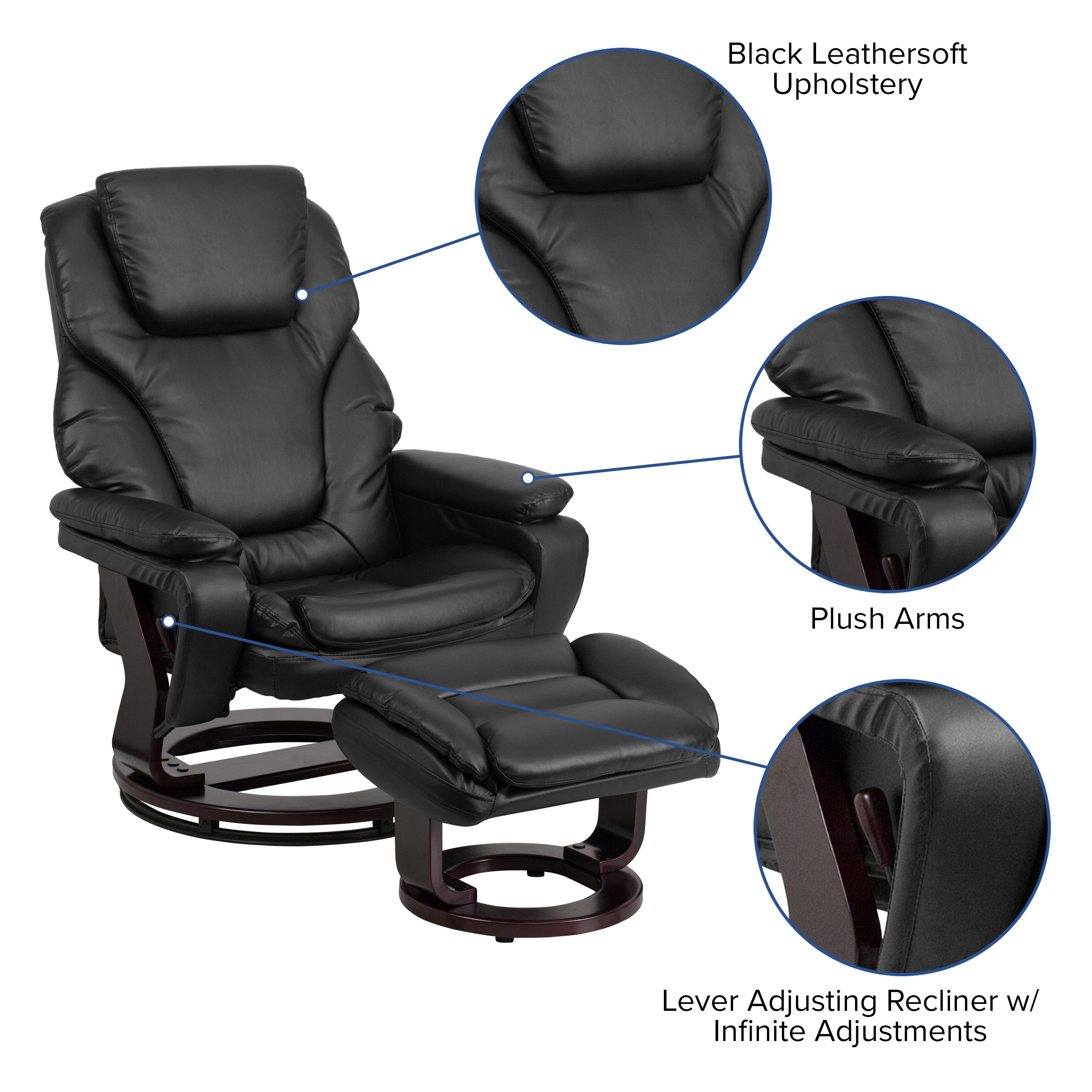 Austin Contemporary Multi-Position Recliner and Ottoman with Swivel Mahogany Wood Base in Black LeatherSoft