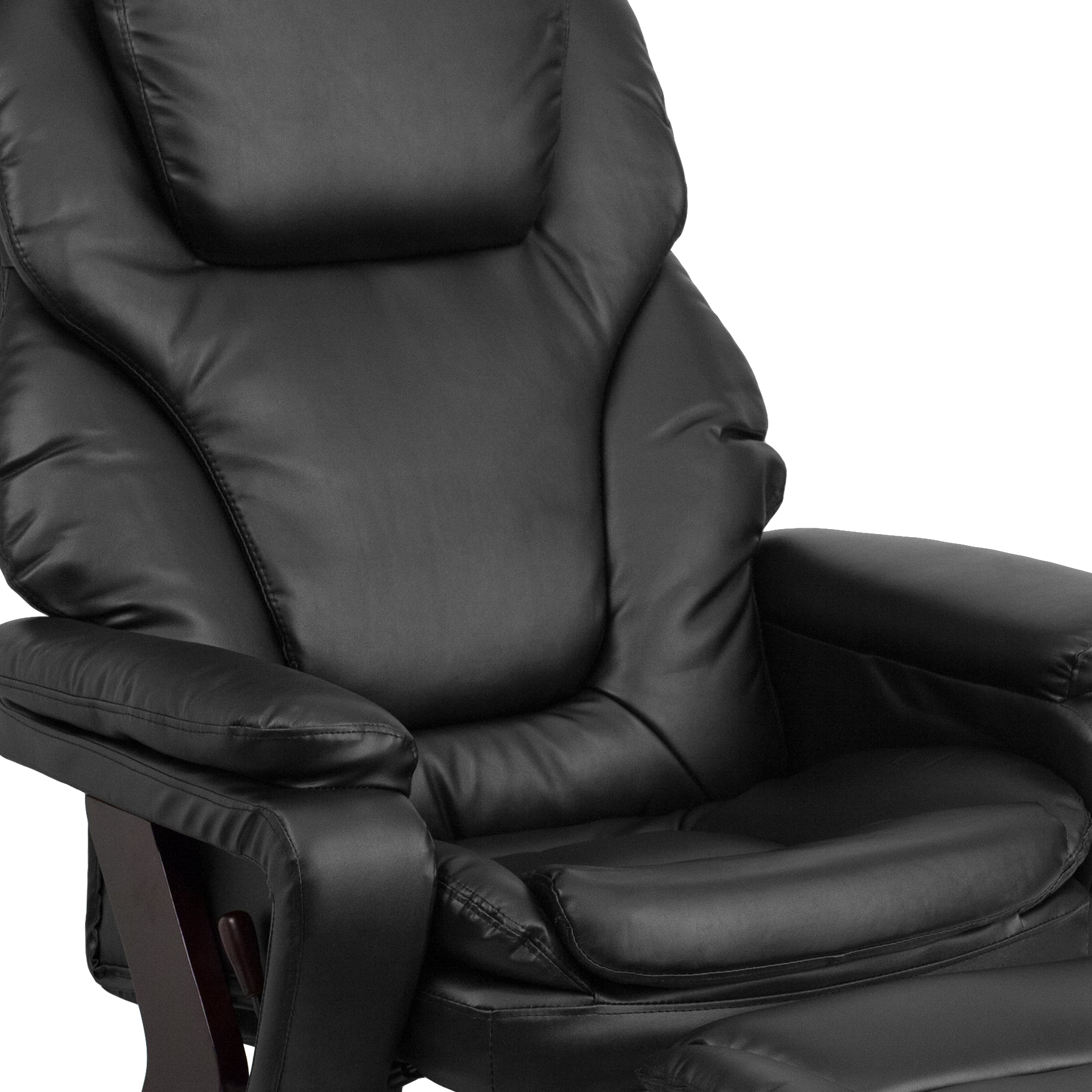 Austin Contemporary Multi-Position Recliner and Ottoman with Swivel Mahogany Wood Base in Black LeatherSoft