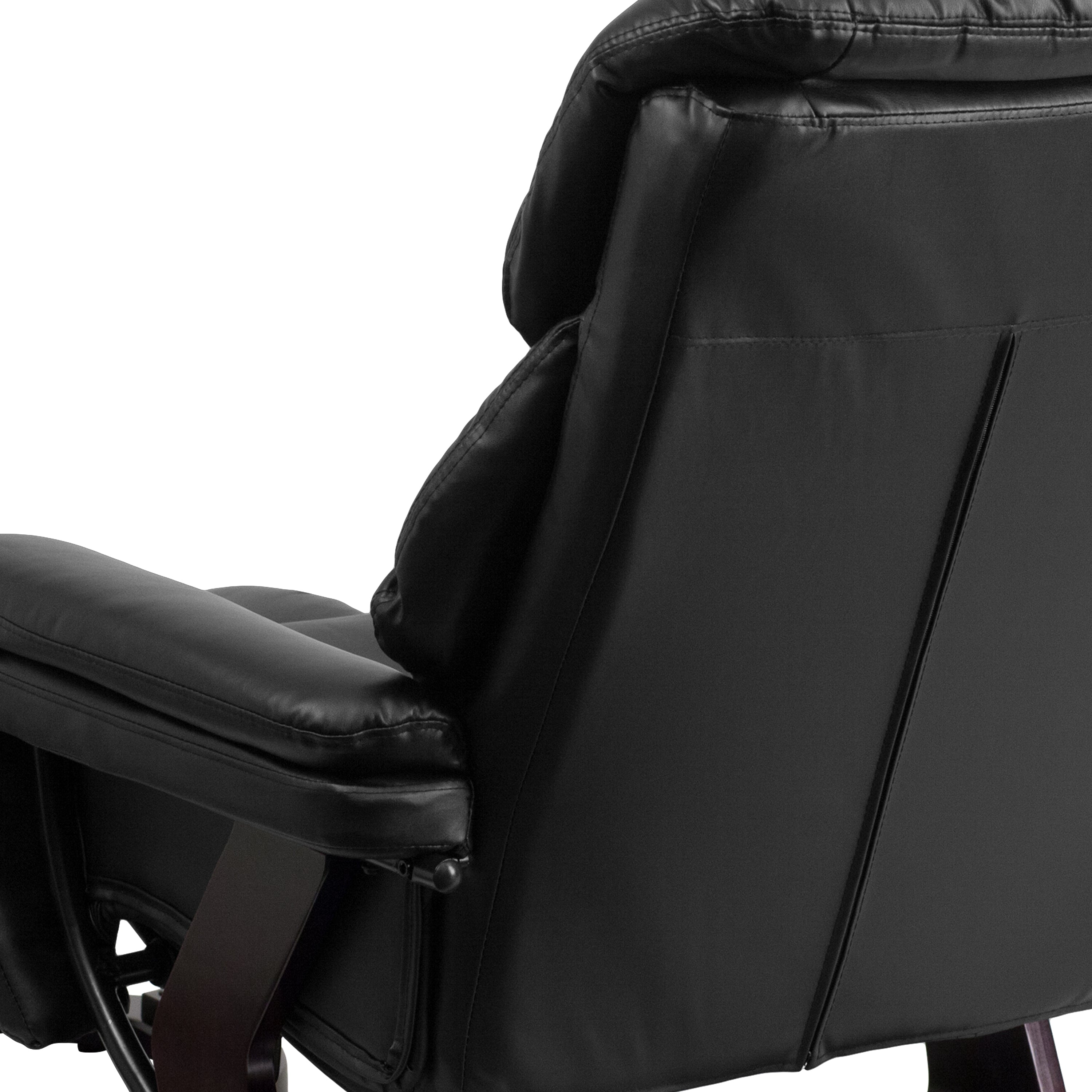 Austin Contemporary Multi-Position Recliner and Ottoman with Swivel Mahogany Wood Base in Black LeatherSoft