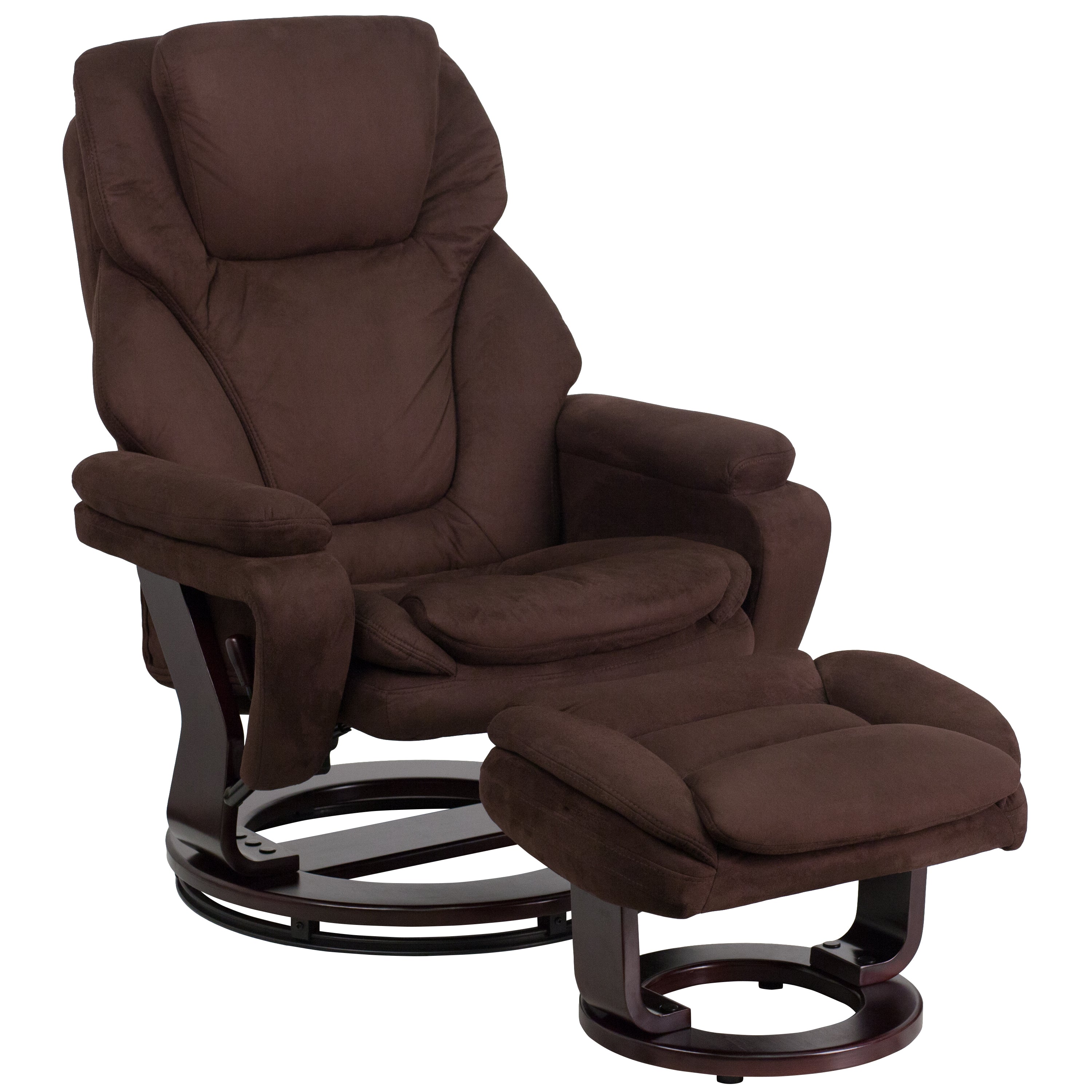 Austin Contemporary Multi-Position Recliner and Ottoman with Swivel Mahogany Wood Base in Brown Microfiber