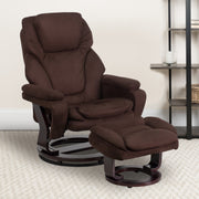 Austin Contemporary Multi-Position Recliner and Ottoman with Swivel Mahogany Wood Base in Brown Microfiber