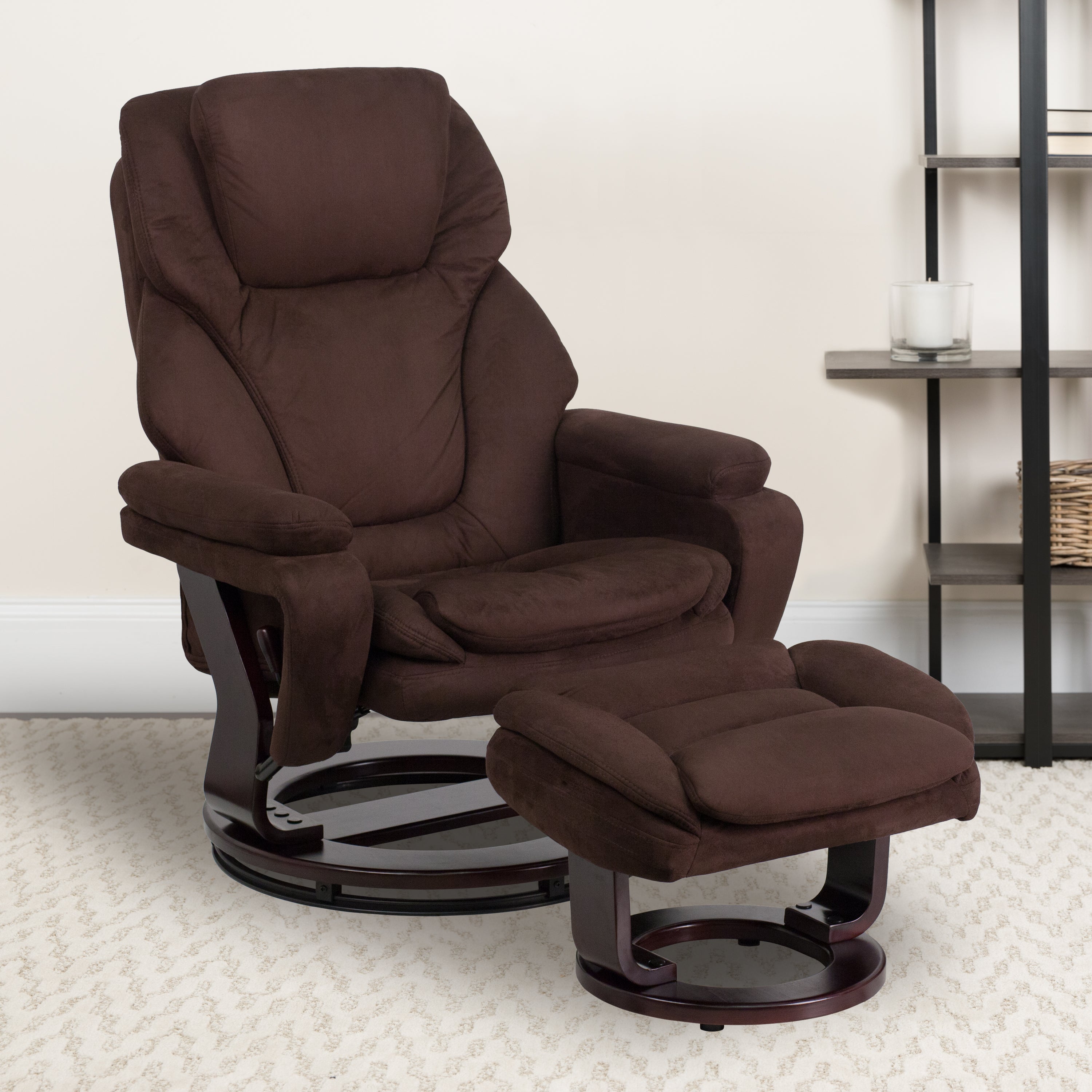 Austin Contemporary Multi-Position Recliner and Ottoman with Swivel Mahogany Wood Base in Brown Microfiber