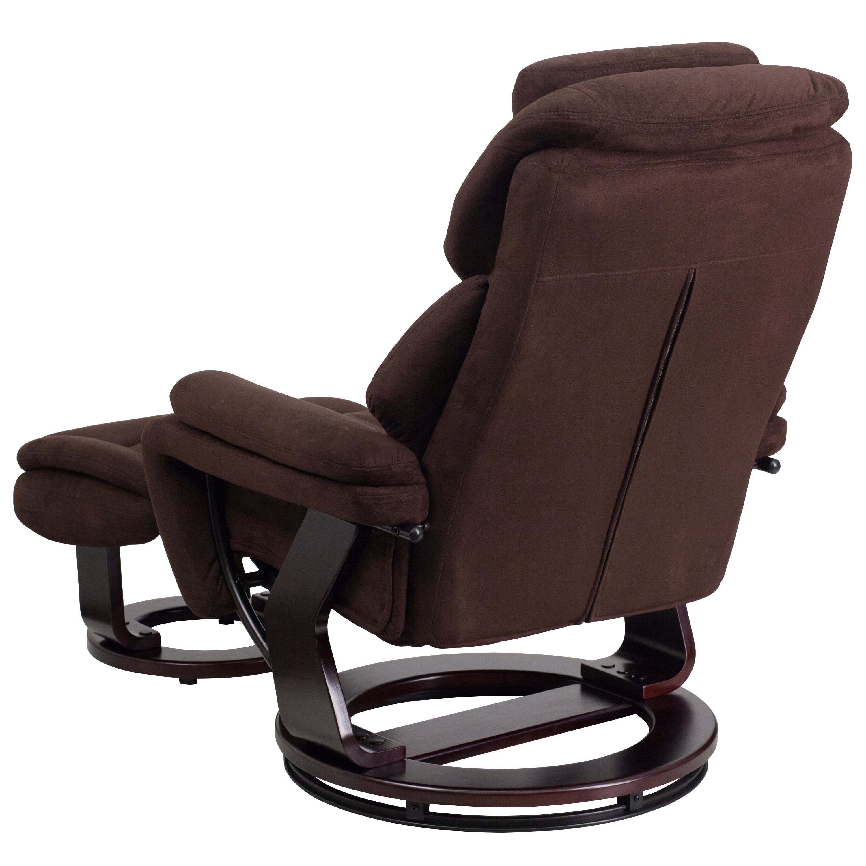Austin Contemporary Multi-Position Recliner and Ottoman with Swivel Mahogany Wood Base in Brown Microfiber
