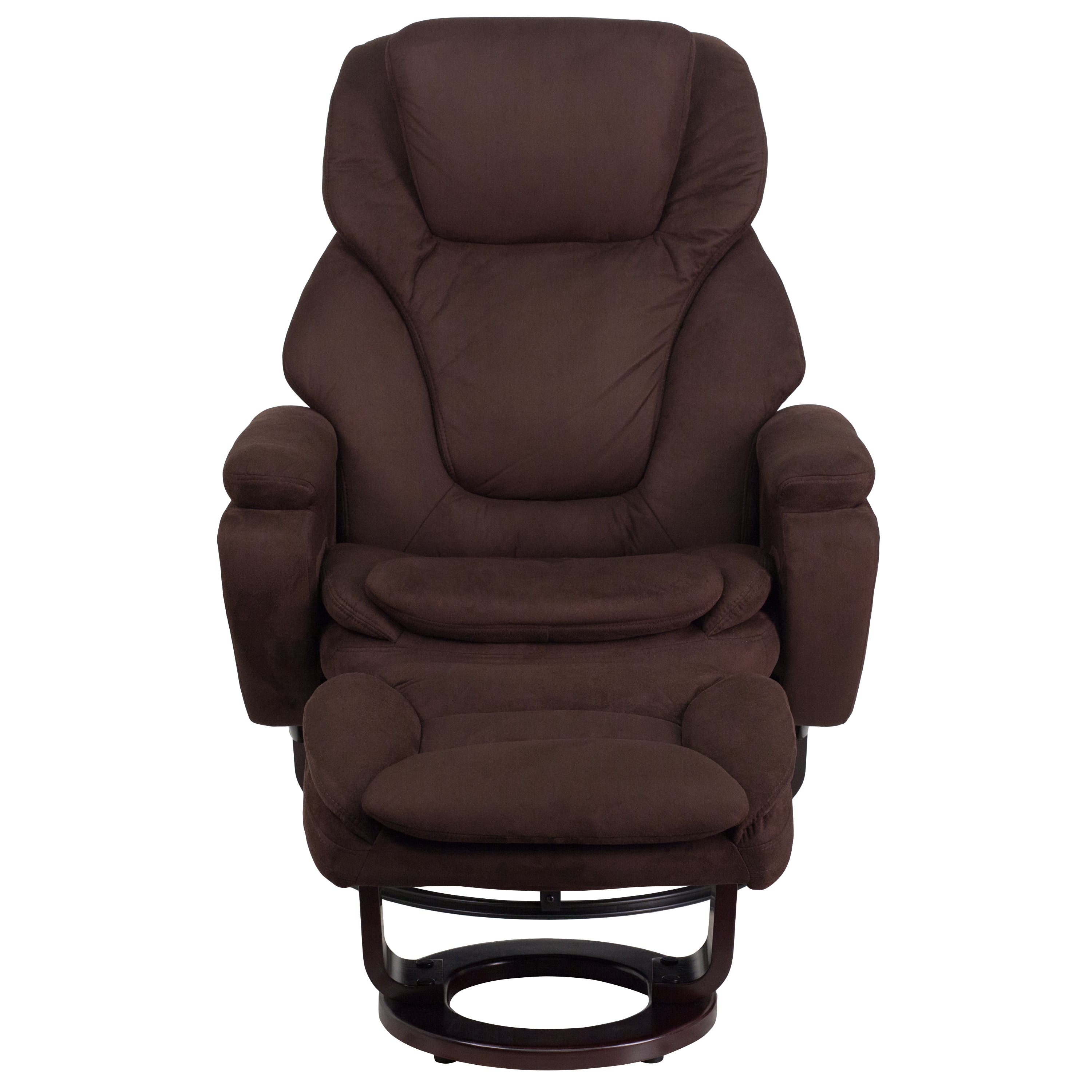 Austin Contemporary Multi-Position Recliner and Ottoman with Swivel Mahogany Wood Base in Brown Microfiber