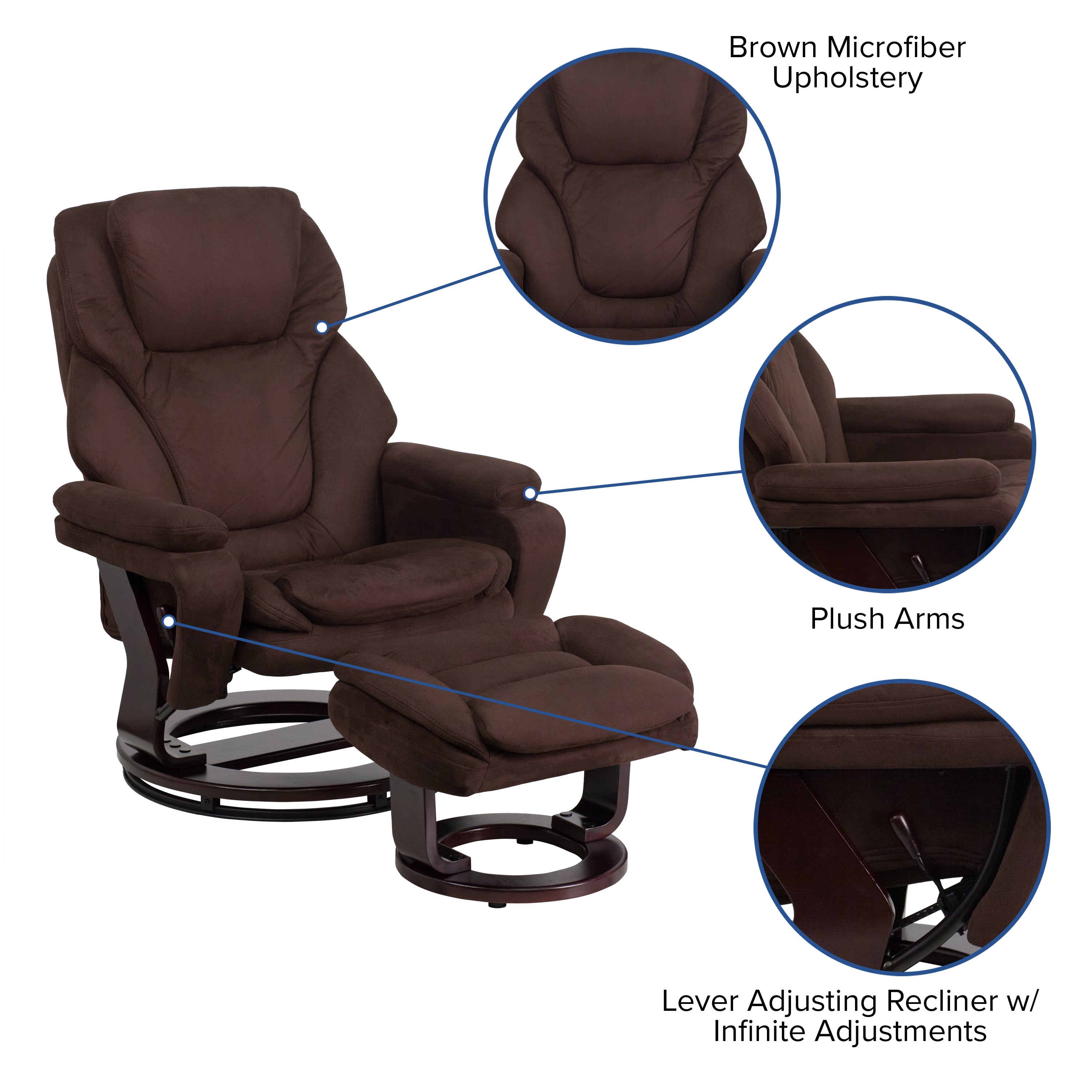 Austin Contemporary Multi-Position Recliner and Ottoman with Swivel Mahogany Wood Base in Brown Microfiber