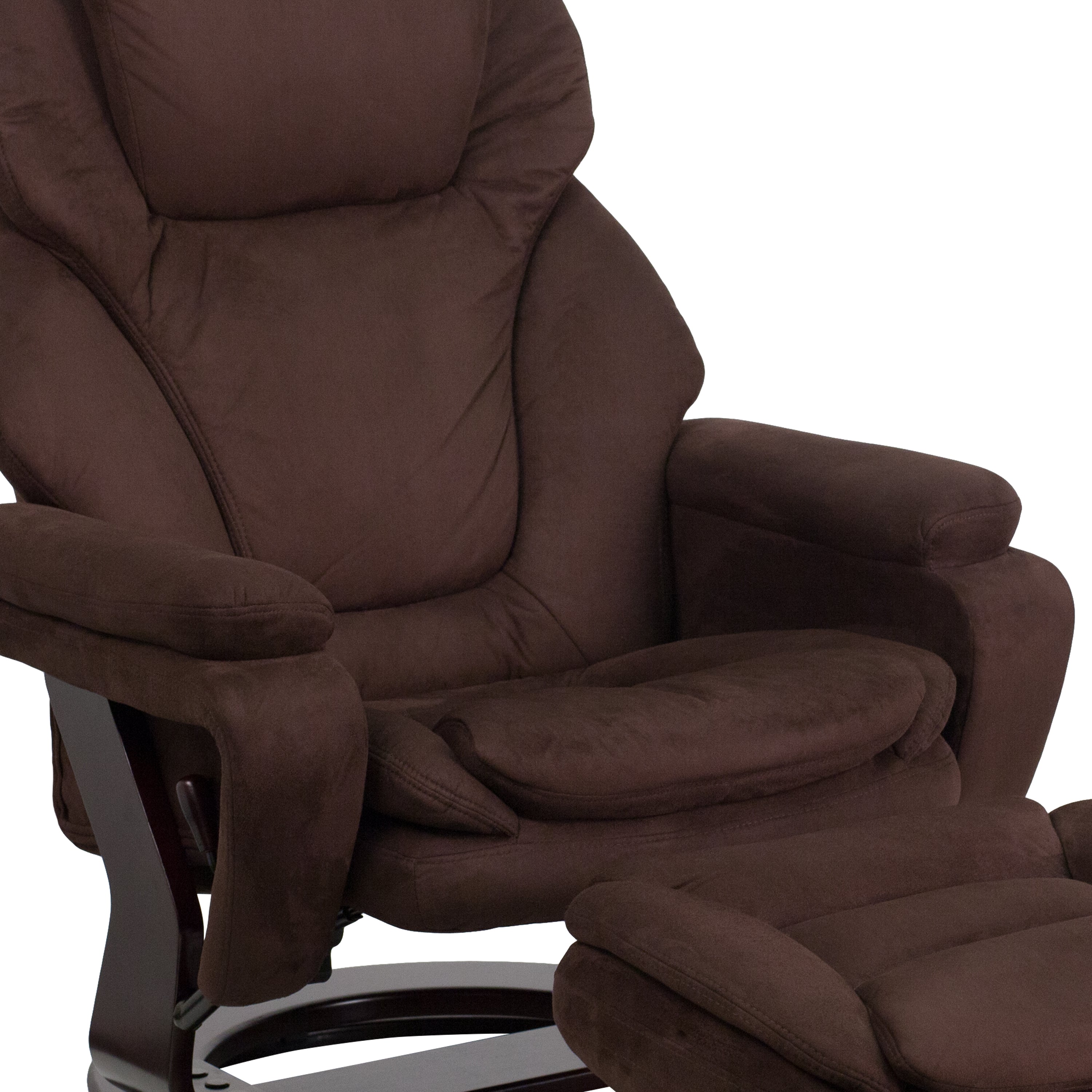 Austin Contemporary Multi-Position Recliner and Ottoman with Swivel Mahogany Wood Base in Brown Microfiber