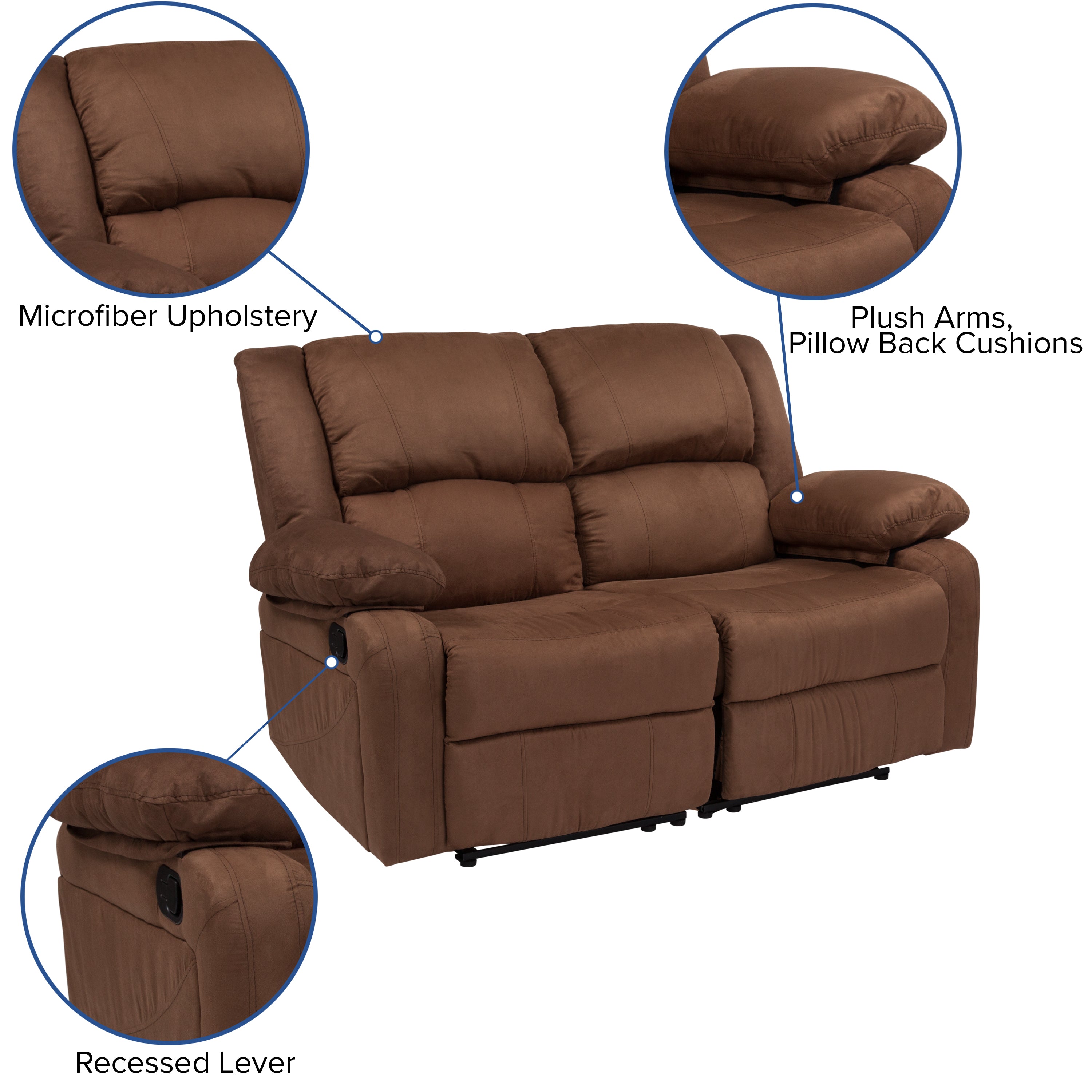 Harmony Series Chocolate Brown Microfiber Loveseat with Two Built-In Recliners