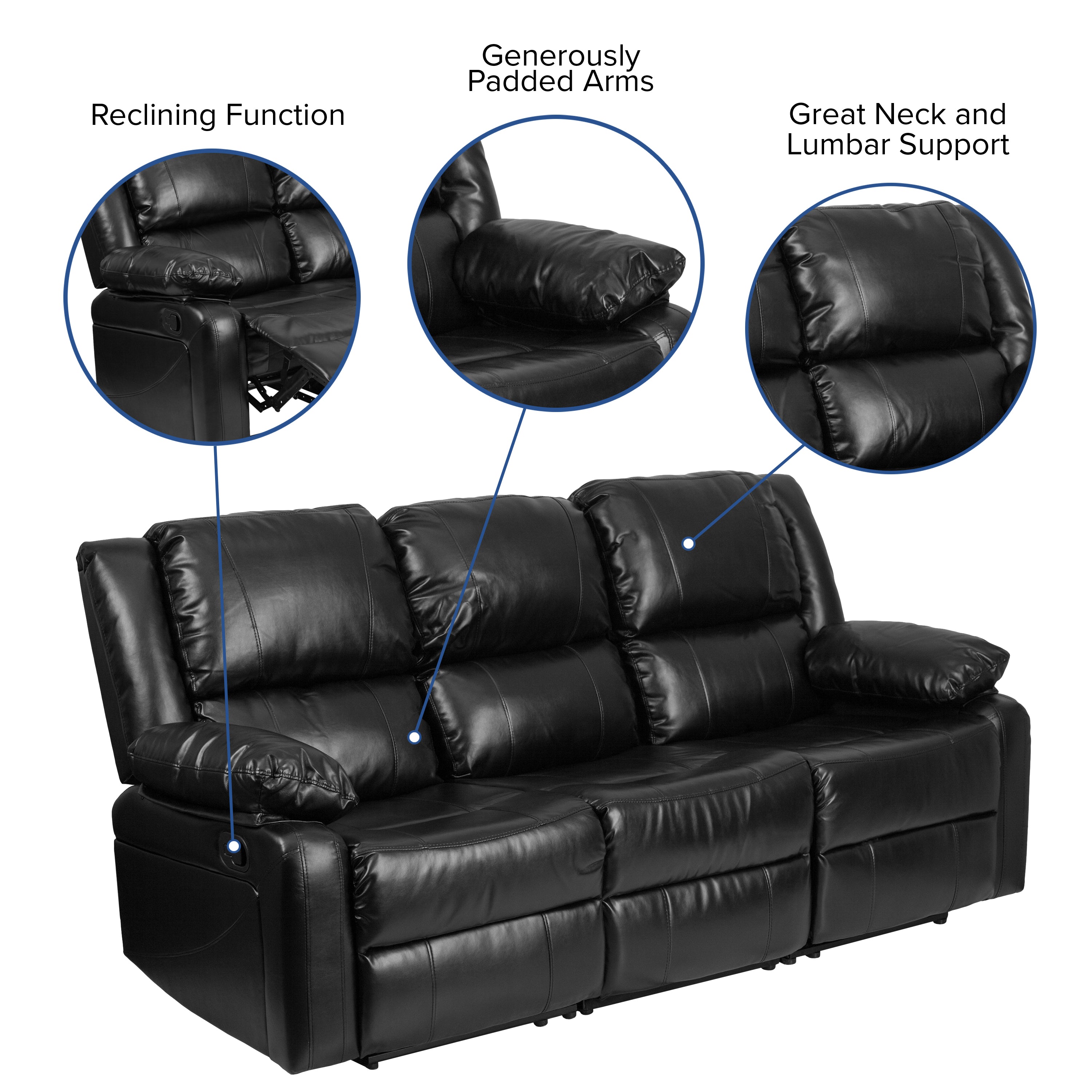 Harmony Series Black LeatherSoft Sofa with Two Built-In Recliners