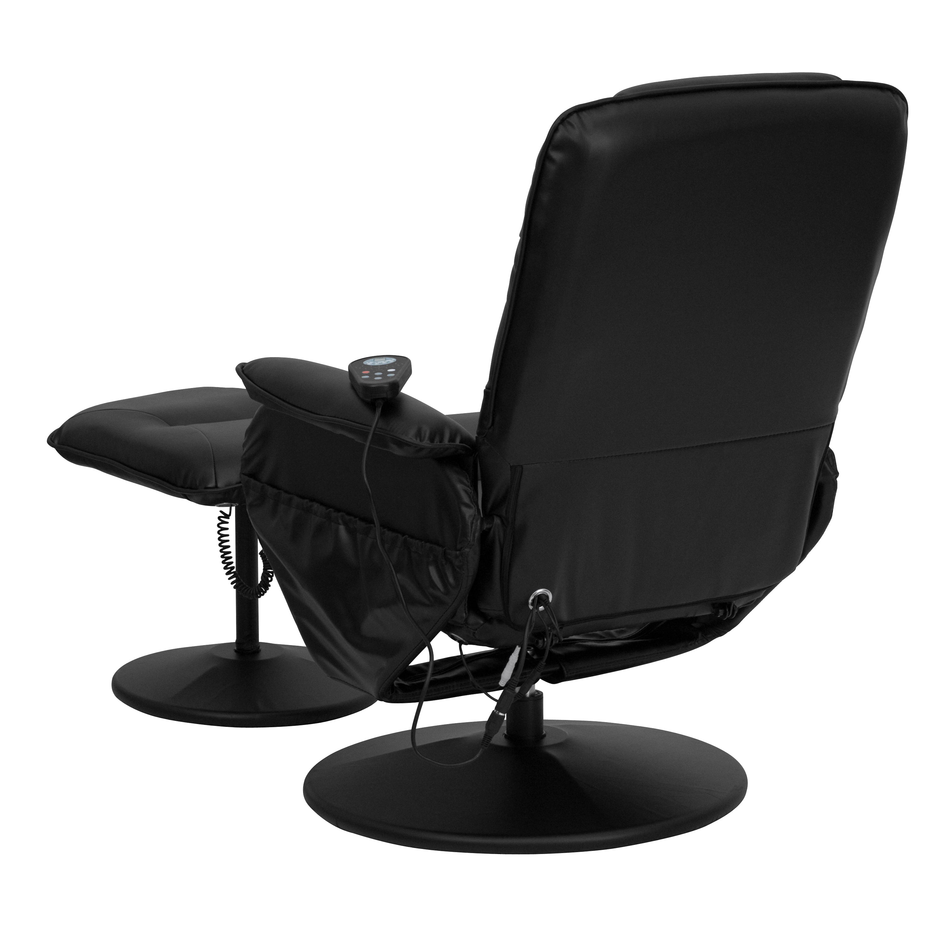 Cason Massaging Adjustable Recliner with Deep Side Pockets and Ottoman with Wrapped Base in Black LeatherSoft