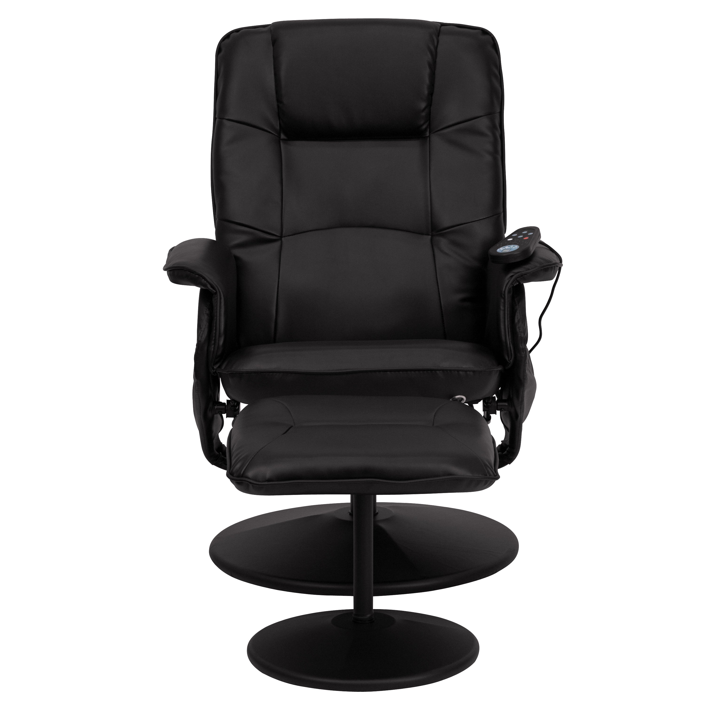 Cason Massaging Adjustable Recliner with Deep Side Pockets and Ottoman with Wrapped Base in Black LeatherSoft