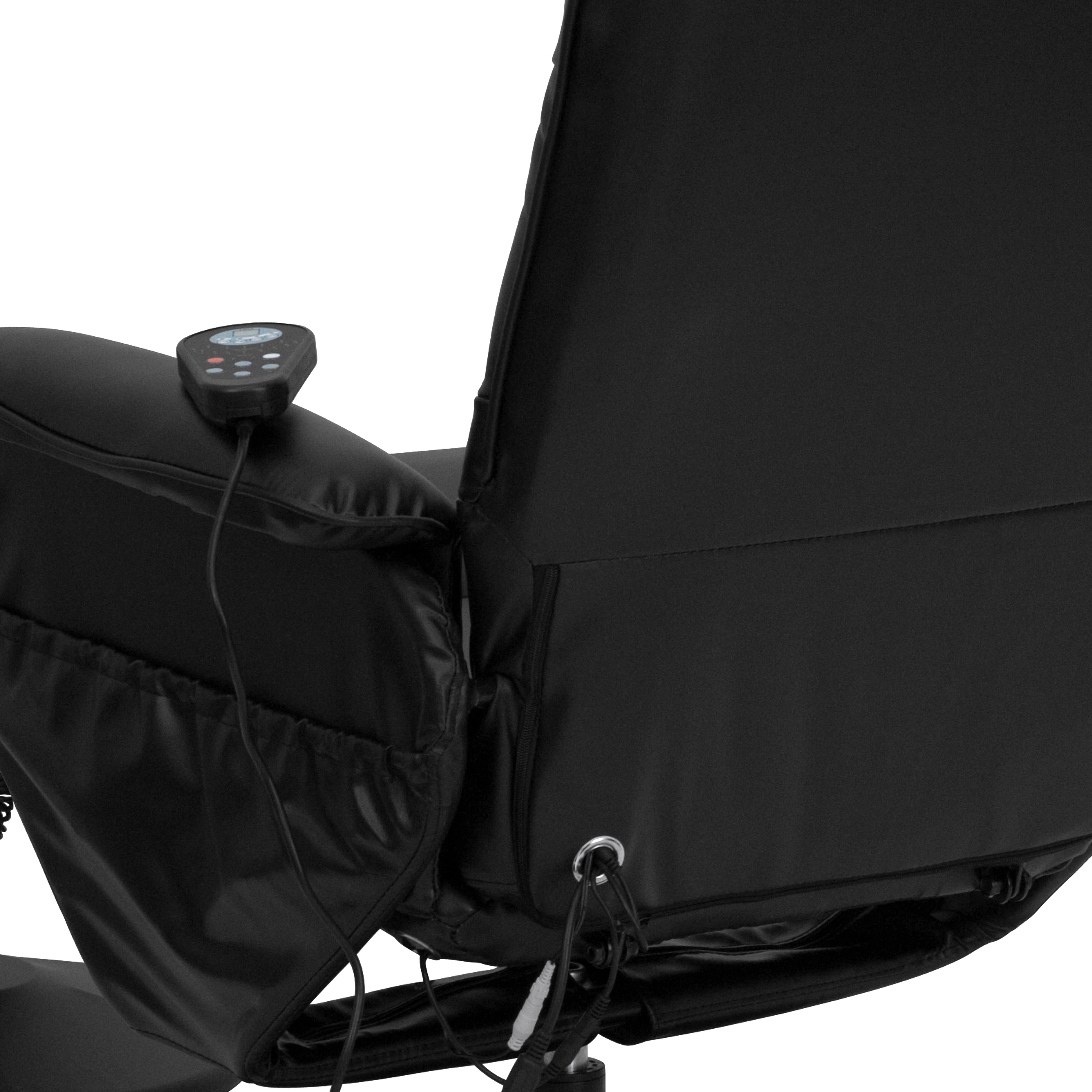 Cason Massaging Adjustable Recliner with Deep Side Pockets and Ottoman with Wrapped Base in Black LeatherSoft