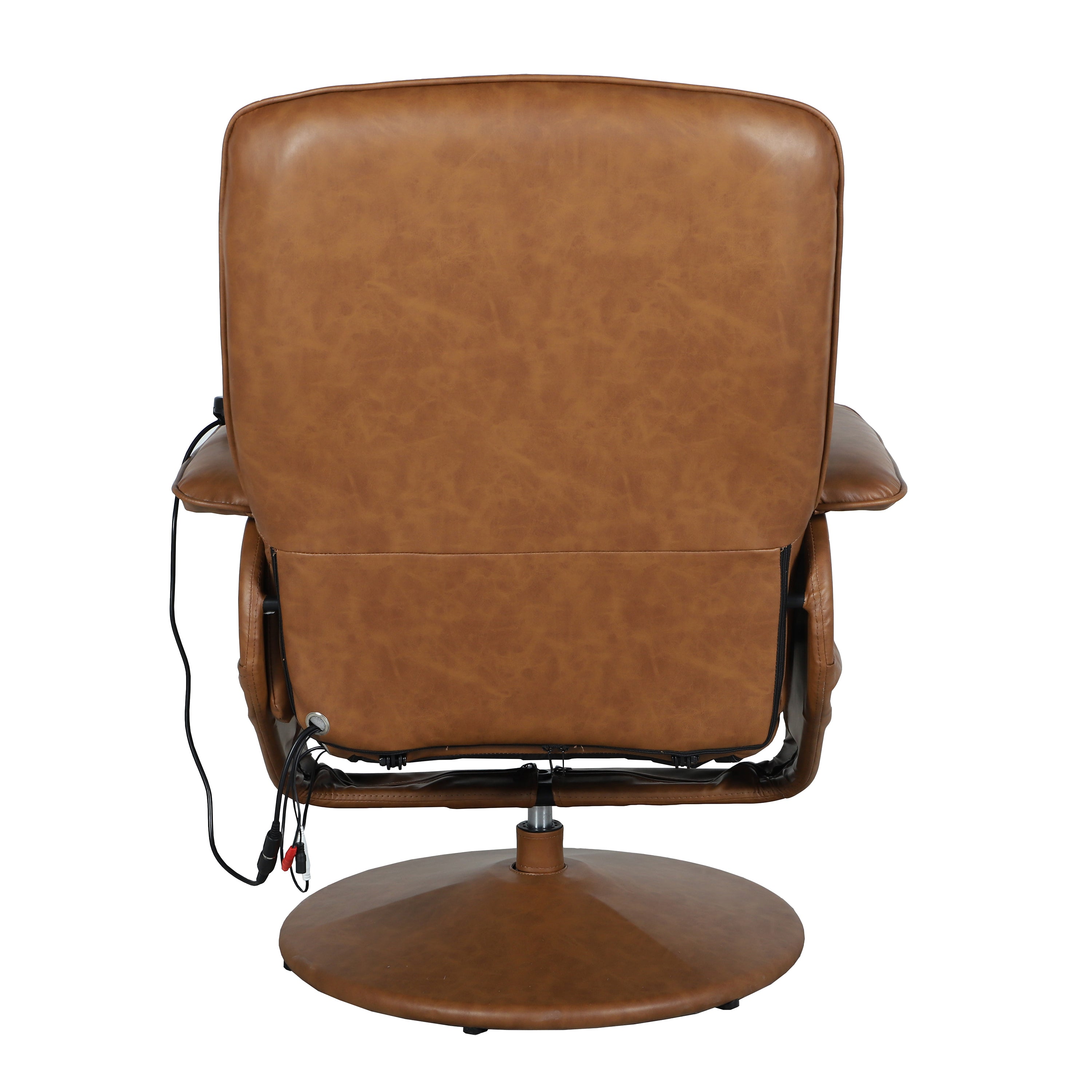Cason Massaging Adjustable Recliner with Deep Side Pockets and Ottoman with Wrapped Base in Brown LeatherSoft
