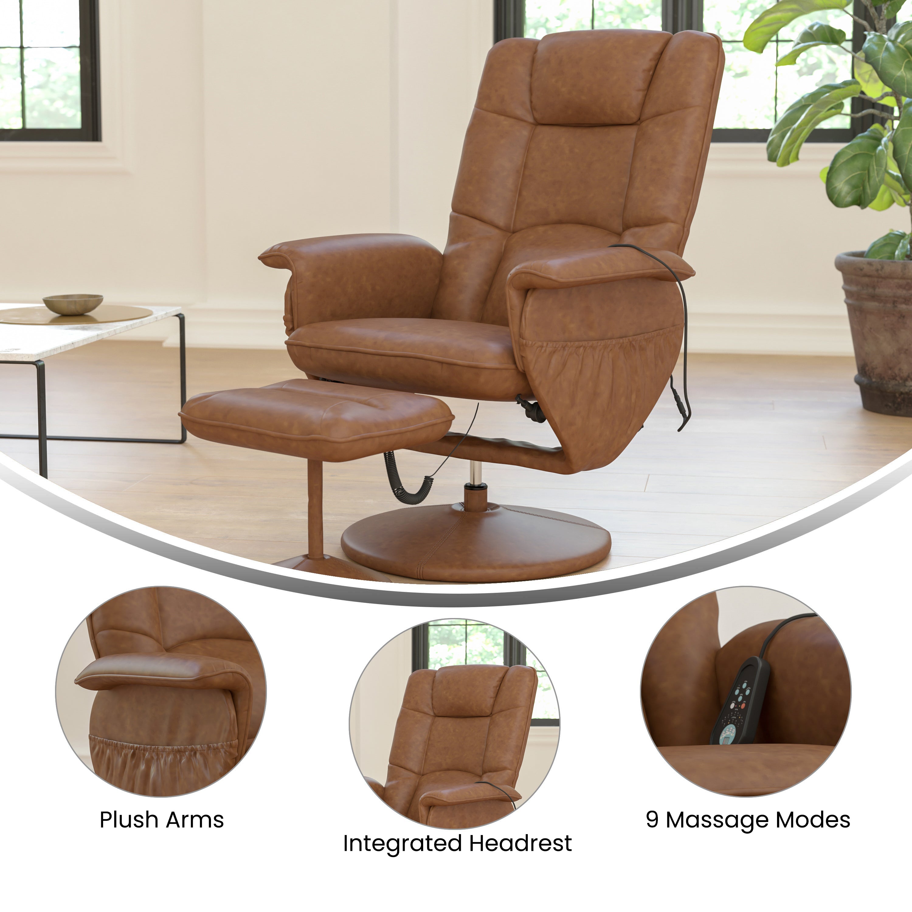 Cason Massaging Adjustable Recliner with Deep Side Pockets and Ottoman with Wrapped Base in Brown LeatherSoft