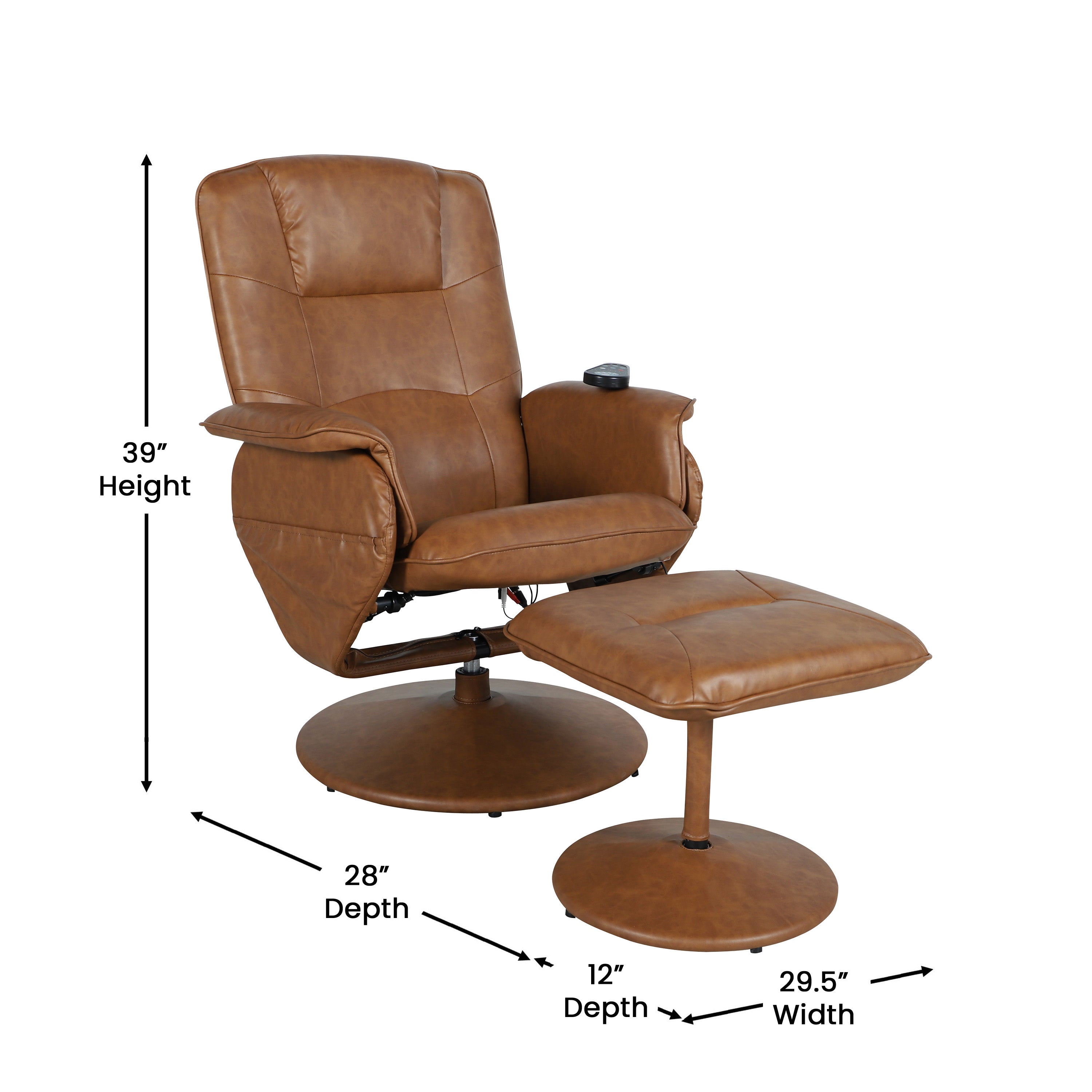 Cason Massaging Adjustable Recliner with Deep Side Pockets and Ottoman with Wrapped Base in Brown LeatherSoft