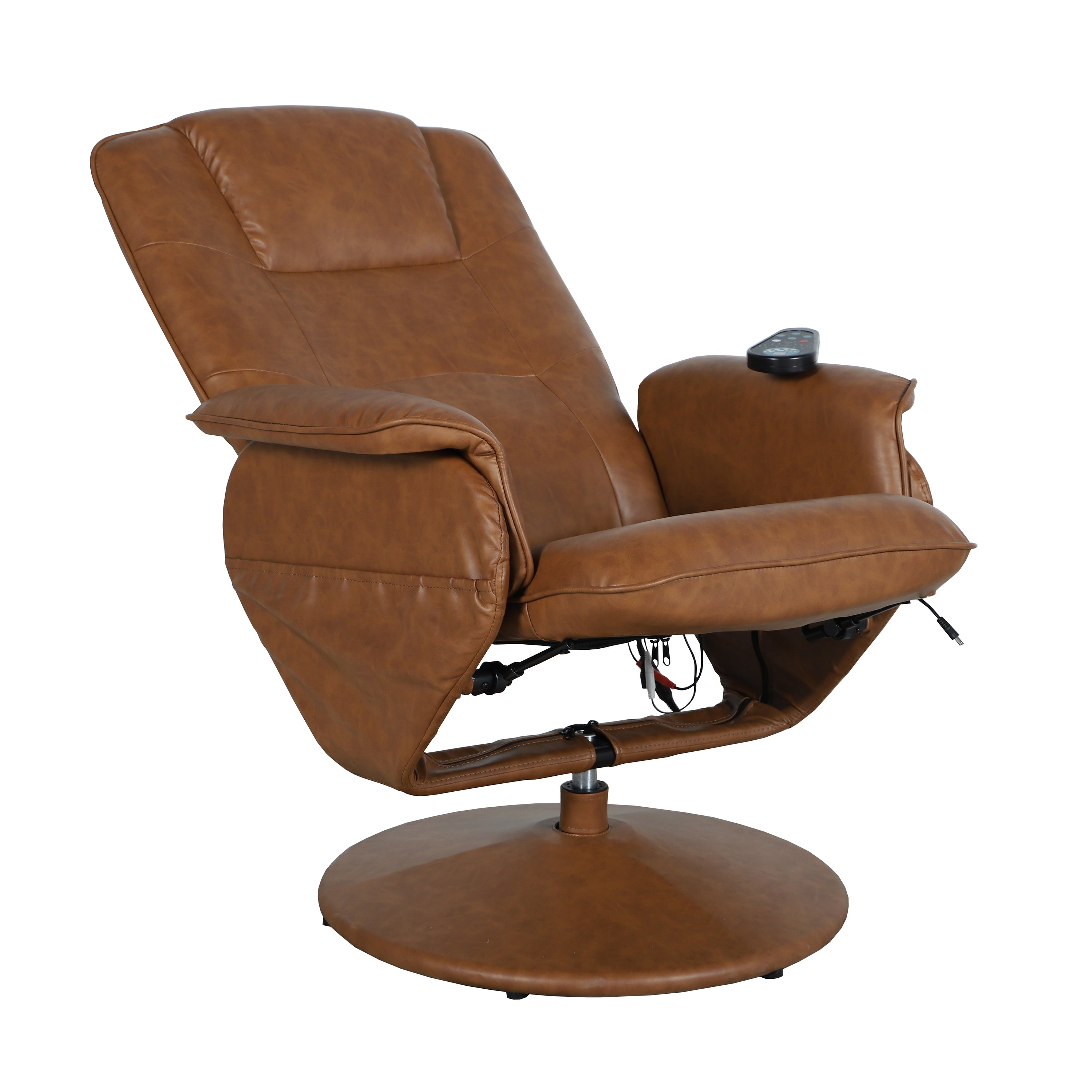 Cason Massaging Adjustable Recliner with Deep Side Pockets and Ottoman with Wrapped Base in Brown LeatherSoft