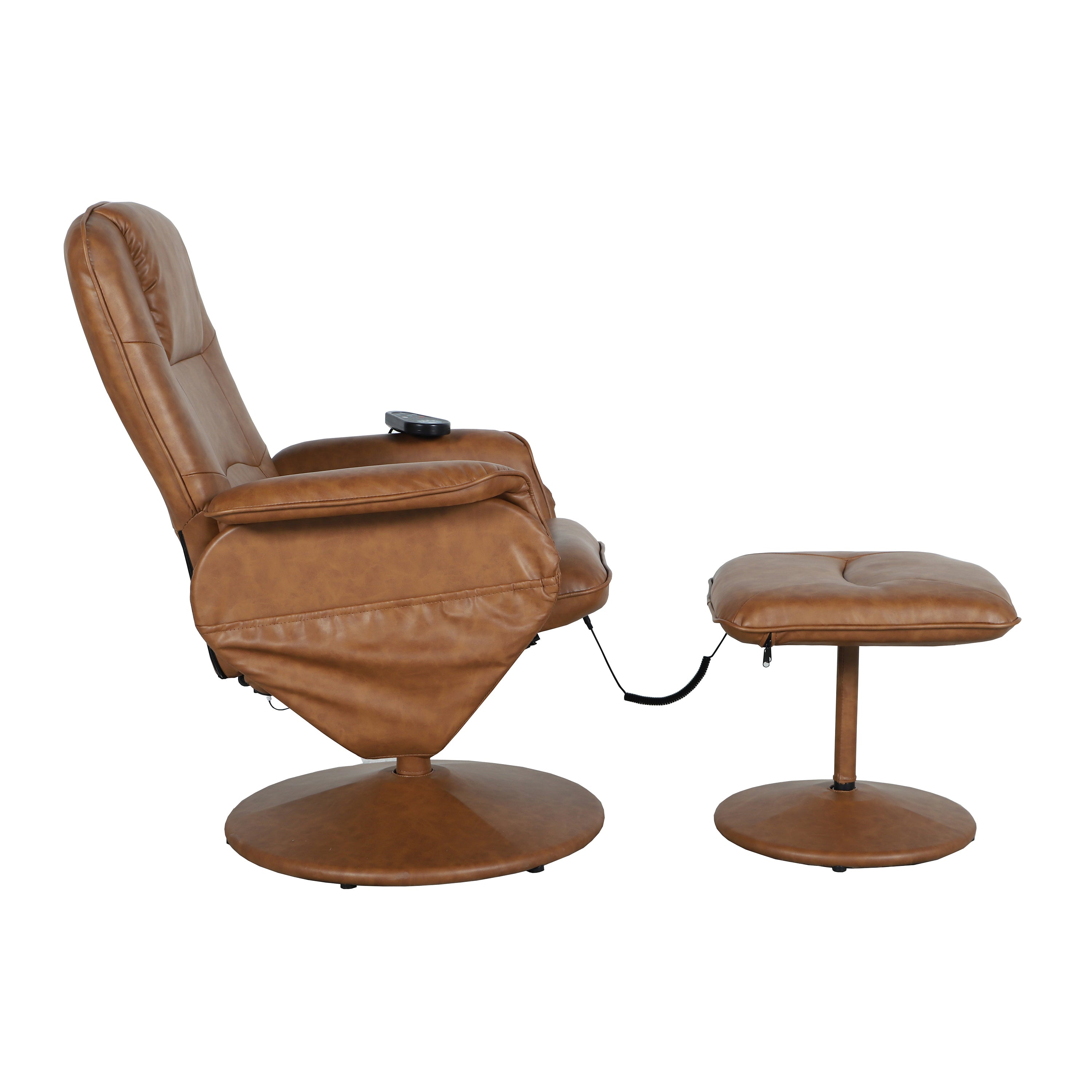 Cason Massaging Adjustable Recliner with Deep Side Pockets and Ottoman with Wrapped Base in Brown LeatherSoft