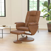 Cason Massaging Adjustable Recliner with Deep Side Pockets and Ottoman with Wrapped Base in Brown LeatherSoft