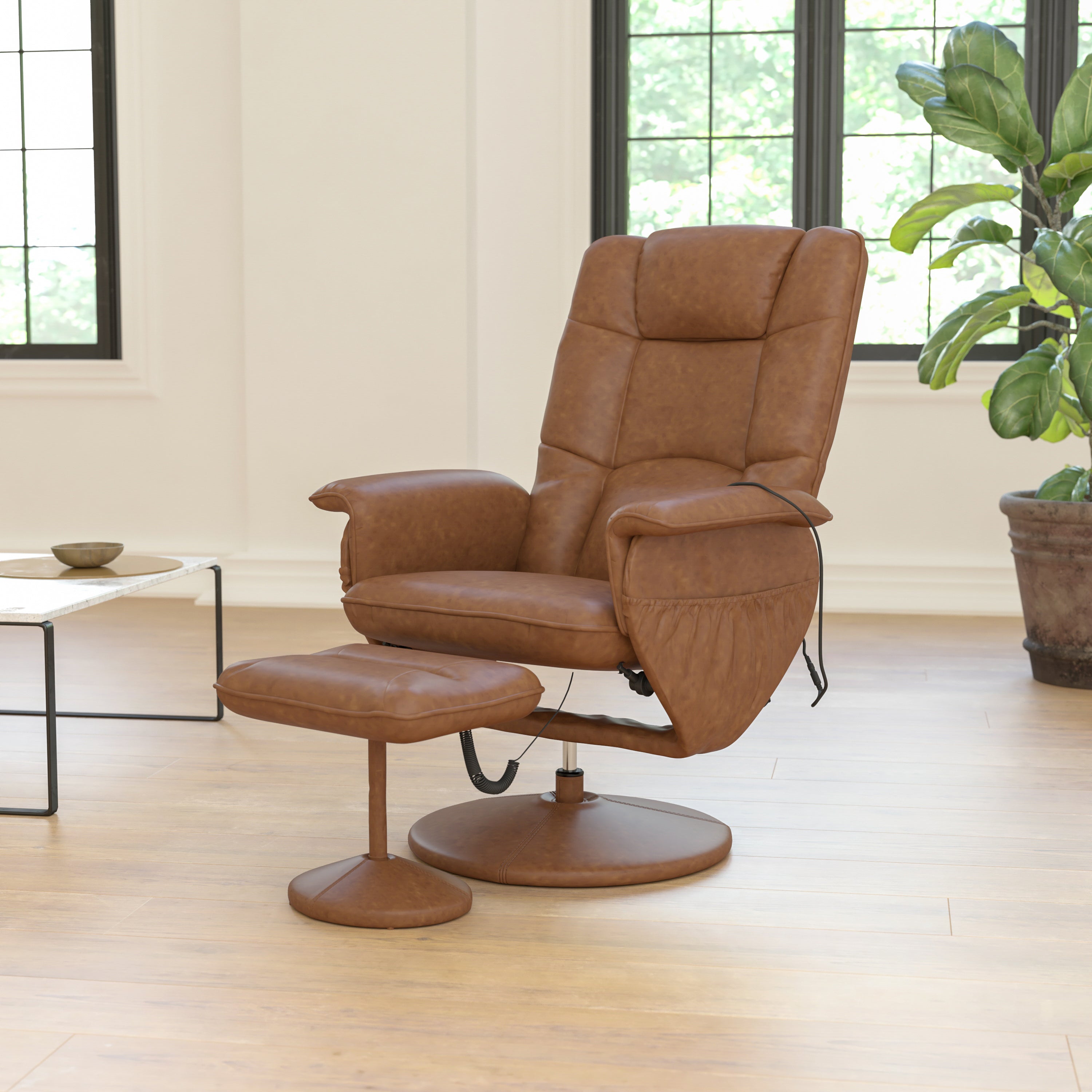 Cason Massaging Adjustable Recliner with Deep Side Pockets and Ottoman with Wrapped Base in Brown LeatherSoft