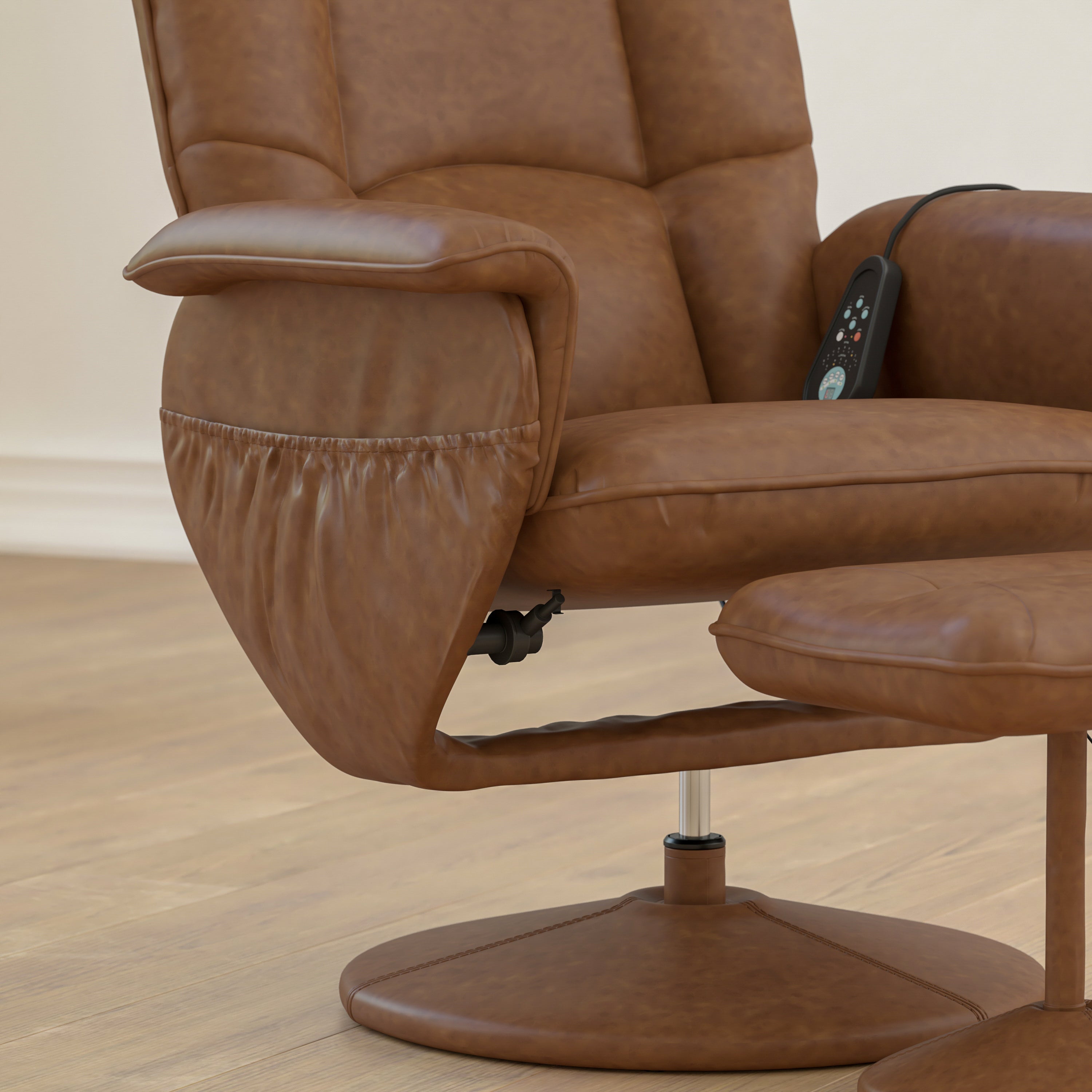 Cason Massaging Adjustable Recliner with Deep Side Pockets and Ottoman with Wrapped Base in Brown LeatherSoft