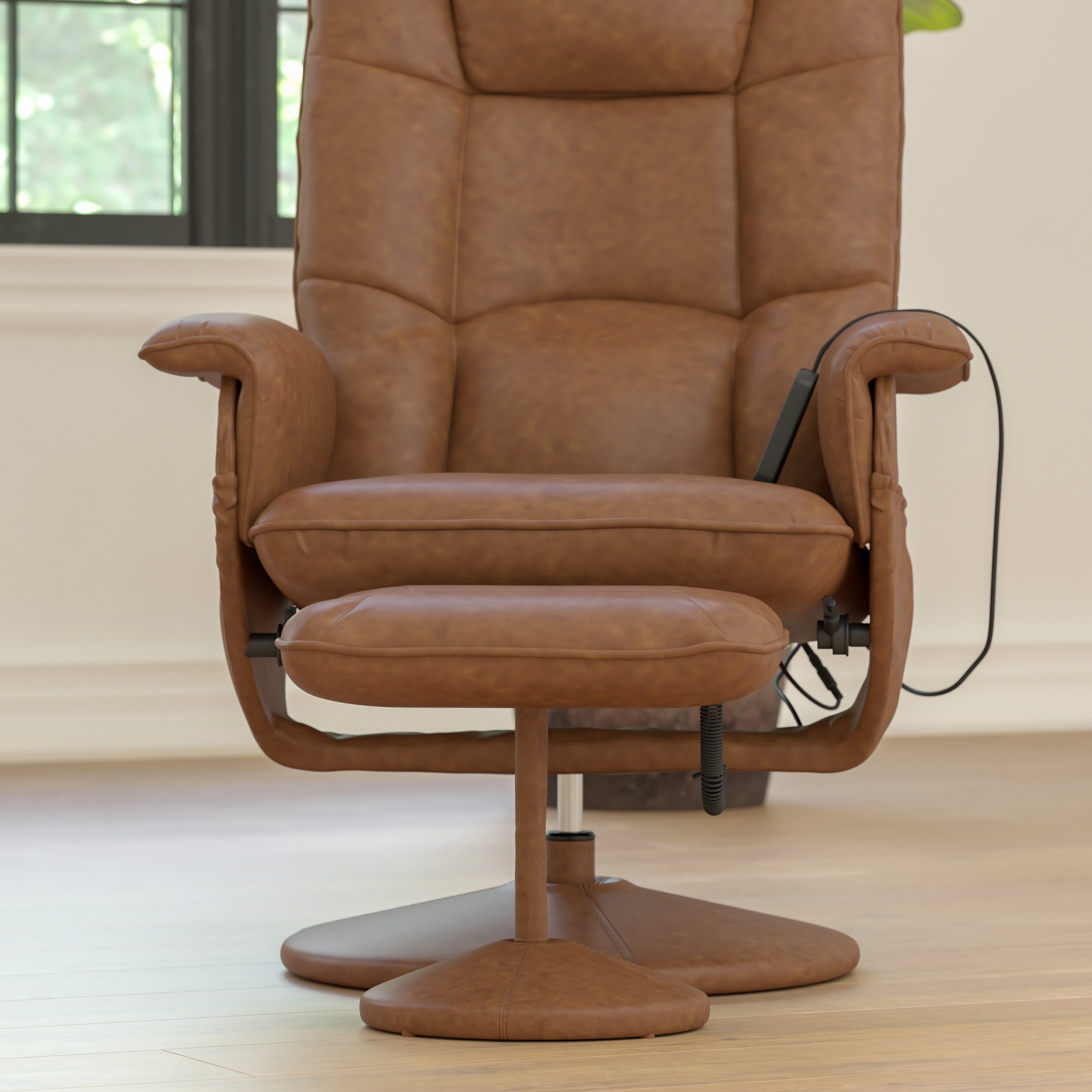 Cason Massaging Adjustable Recliner with Deep Side Pockets and Ottoman with Wrapped Base in Brown LeatherSoft