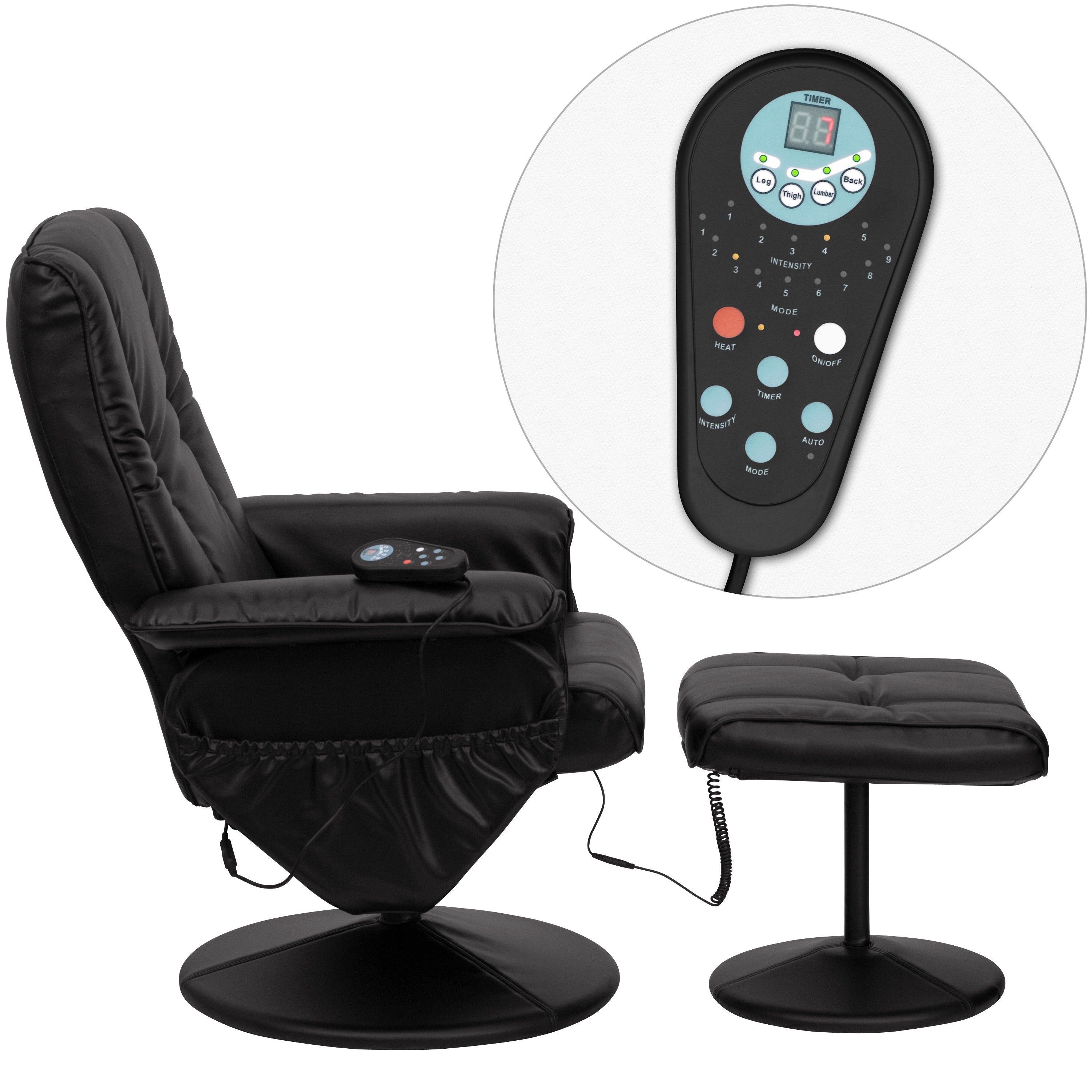 Hall Massaging Heat Controlled Adjustable Recliner and Ottoman with Wrapped Base in Black LeatherSoft