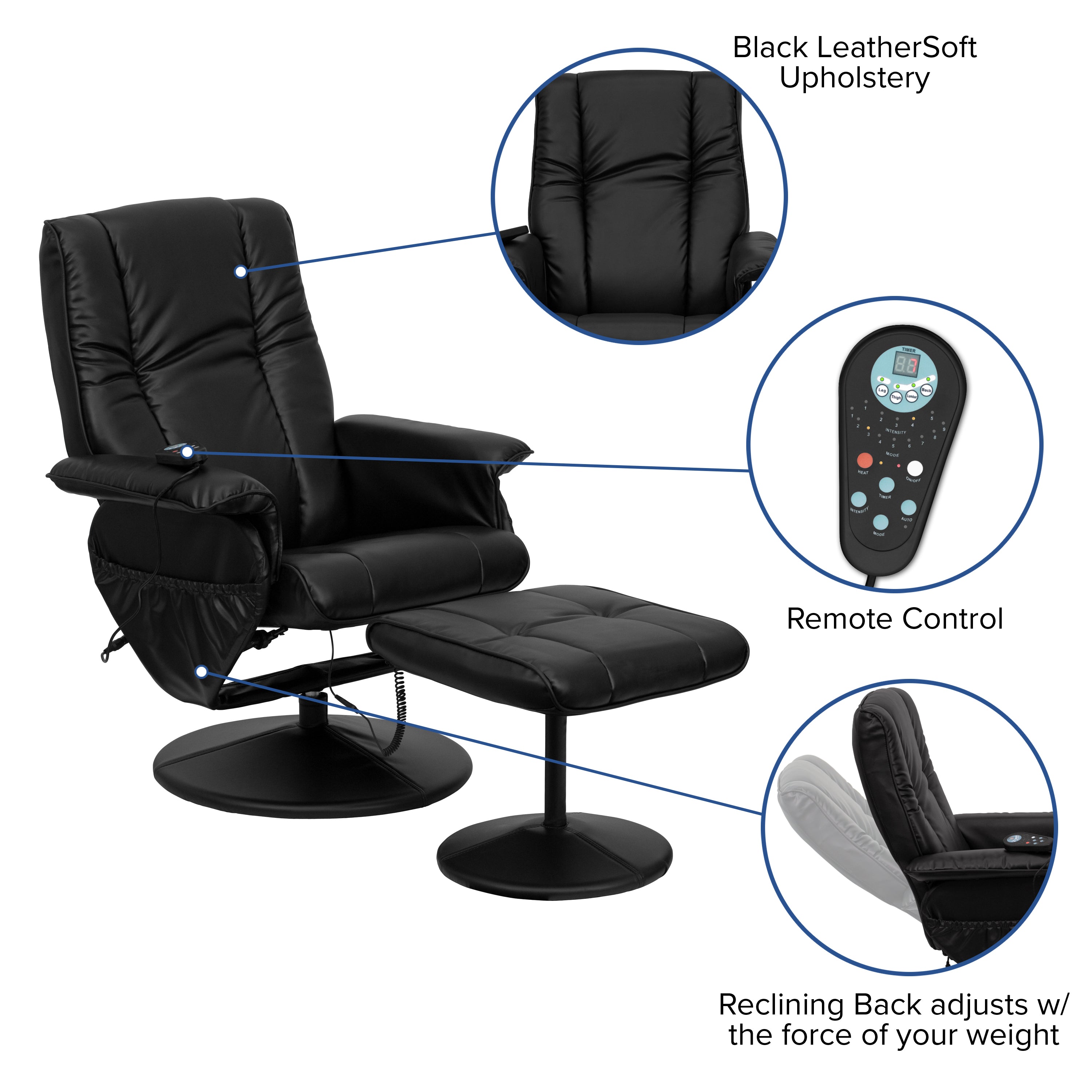 Hall Massaging Heat Controlled Adjustable Recliner and Ottoman with Wrapped Base in Black LeatherSoft