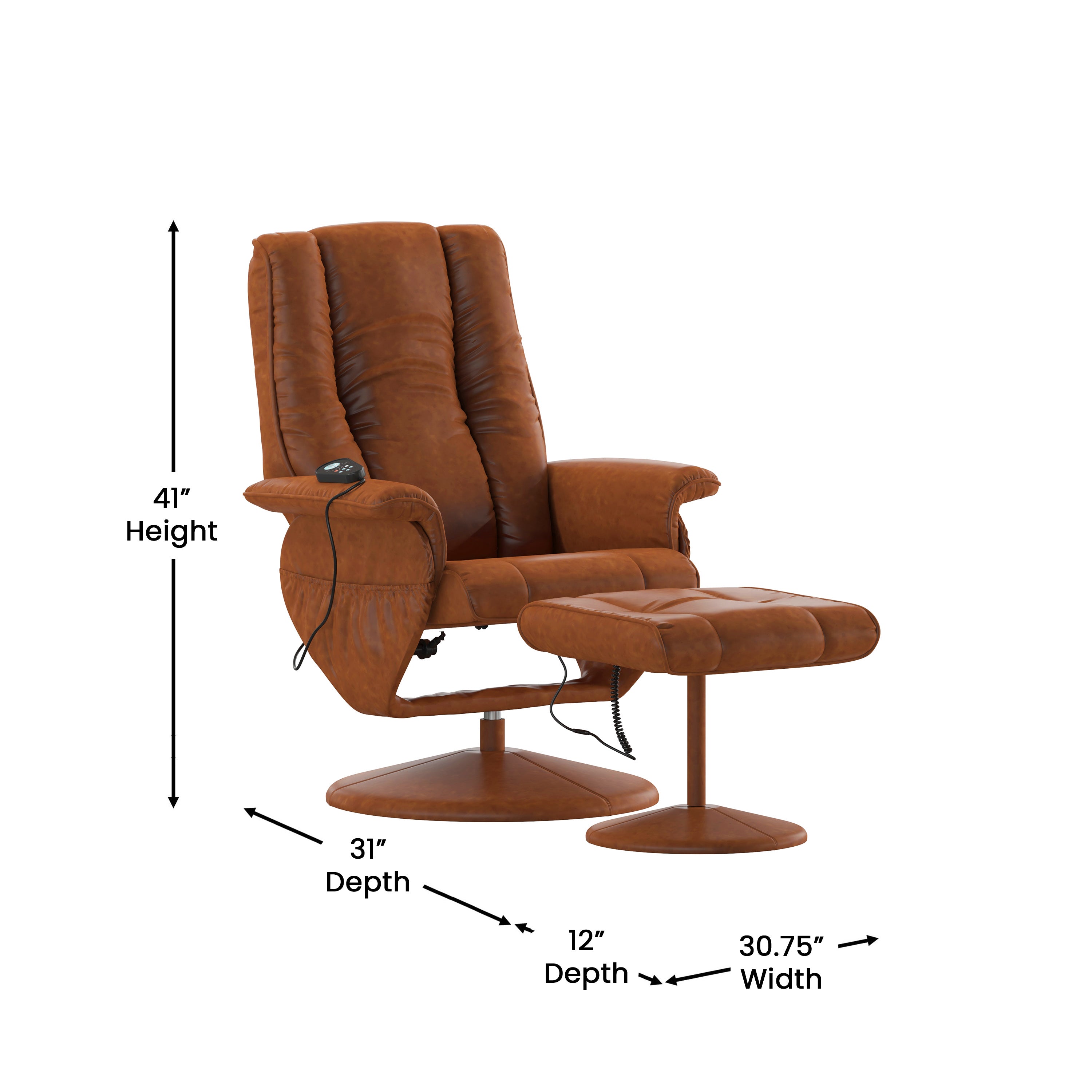 Hall Massaging Heat Controlled Adjustable Recliner and Ottoman with Wrapped Base in Brown LeatherSoft