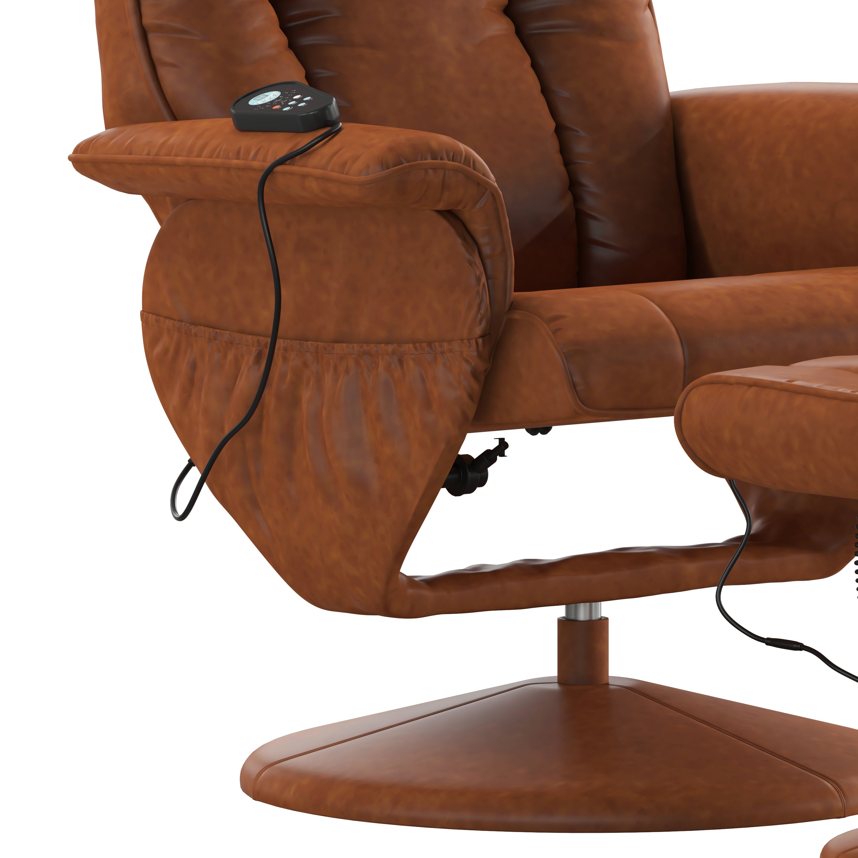 Hall Massaging Heat Controlled Adjustable Recliner and Ottoman with Wrapped Base in Brown LeatherSoft