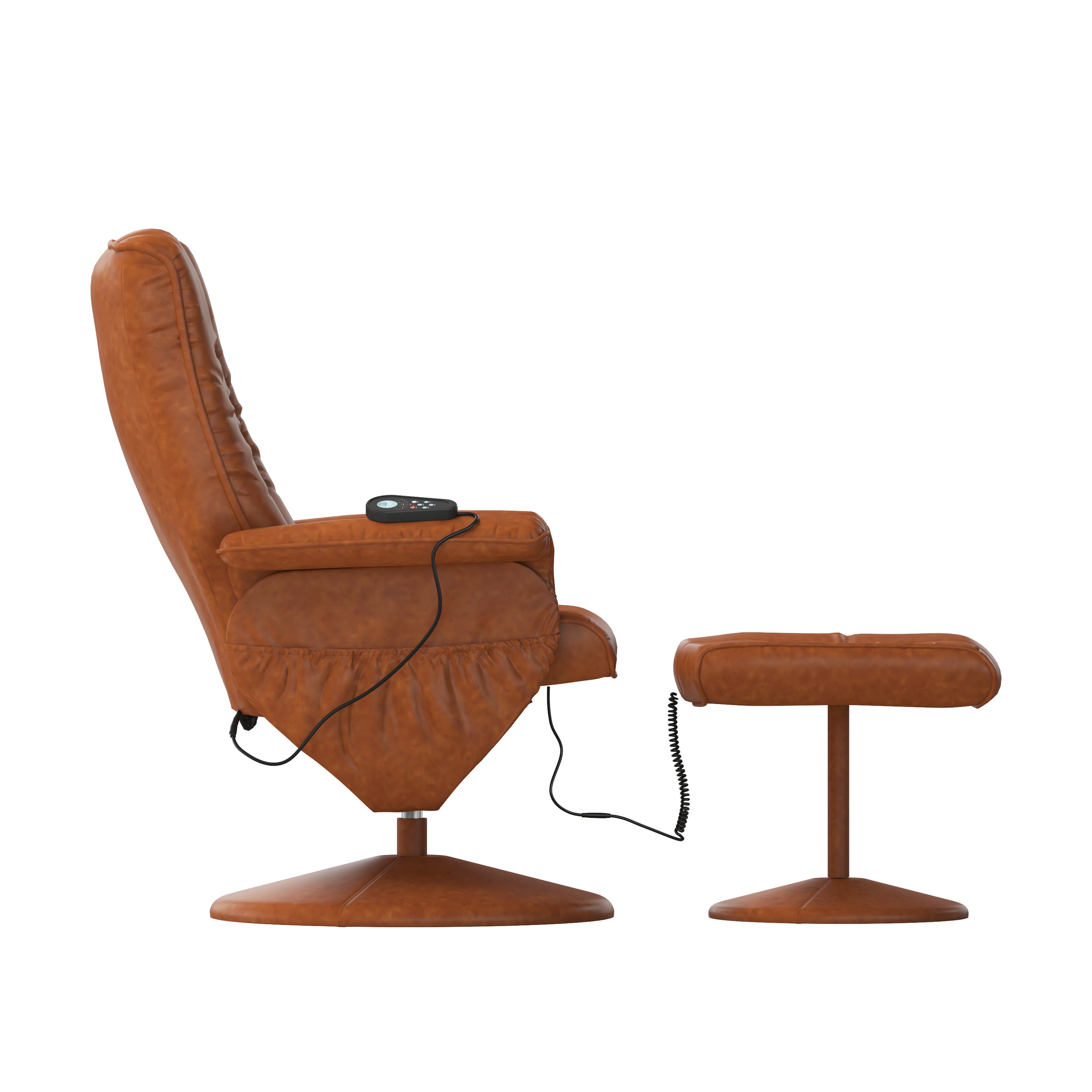 Hall Massaging Heat Controlled Adjustable Recliner and Ottoman with Wrapped Base in Brown LeatherSoft