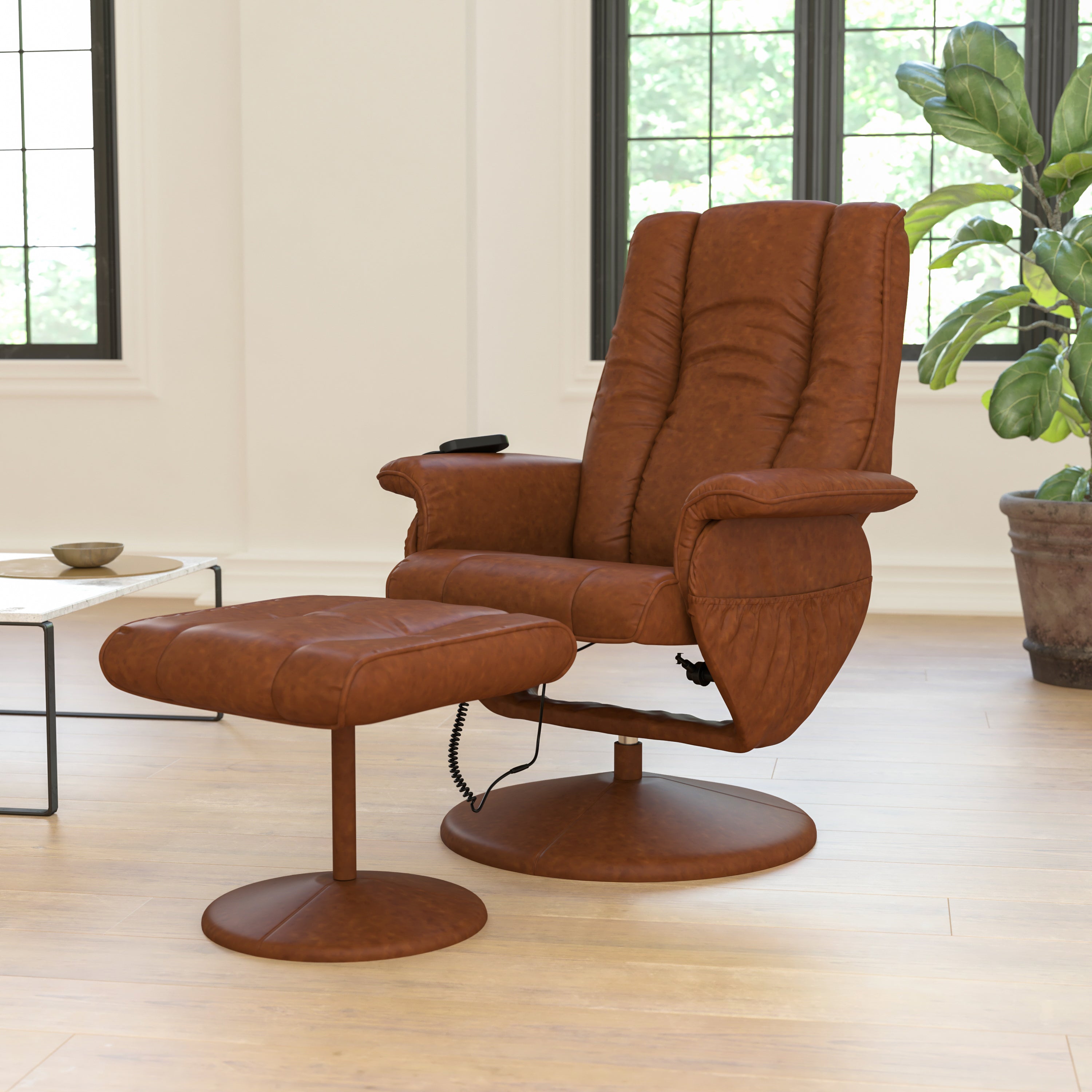 Hall Massaging Heat Controlled Adjustable Recliner and Ottoman with Wrapped Base in Brown LeatherSoft